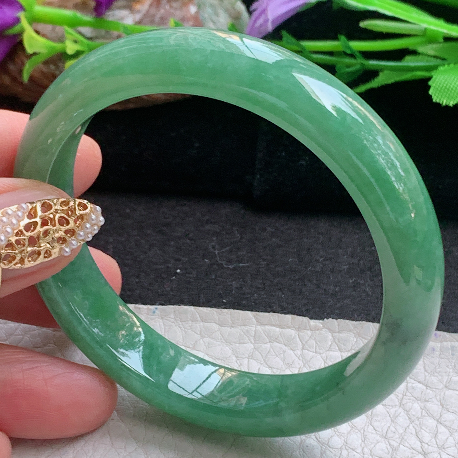 n实拍55*12*7.7平安镯 天然缅甸翡翠a货手镯满绿水润正圈玉镯子