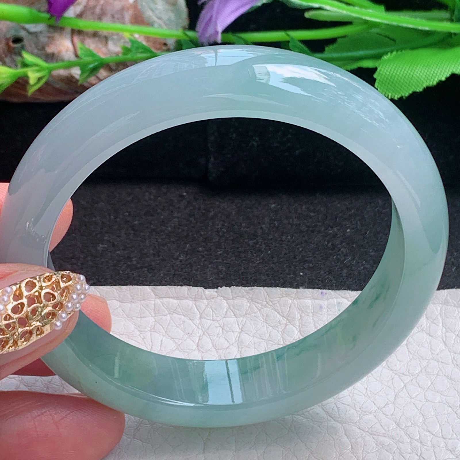 h飘逸款56.5*13*7.8平安镯 天然缅甸翡翠a货手镯冰飘花正圈玉镯子