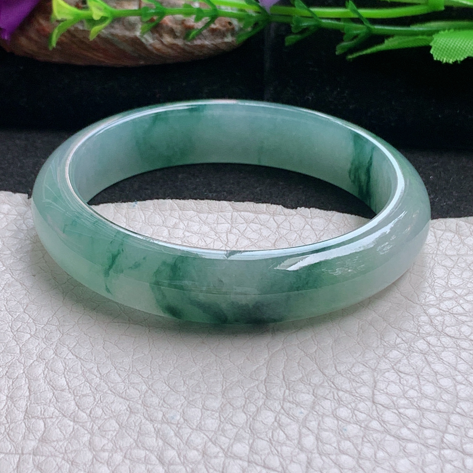 js飘逸款56*12.8*7.7平安镯 天然缅甸翡翠a货手镯冰飘花正圈玉镯子