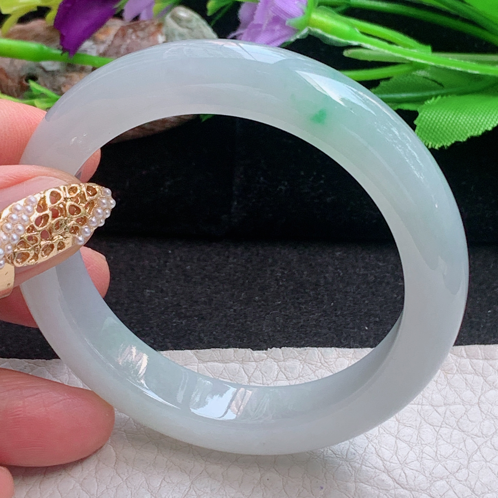 fx小圈口53*11.5*8.6平安镯 天然缅甸翡翠a货手镯白底青正圈玉镯子