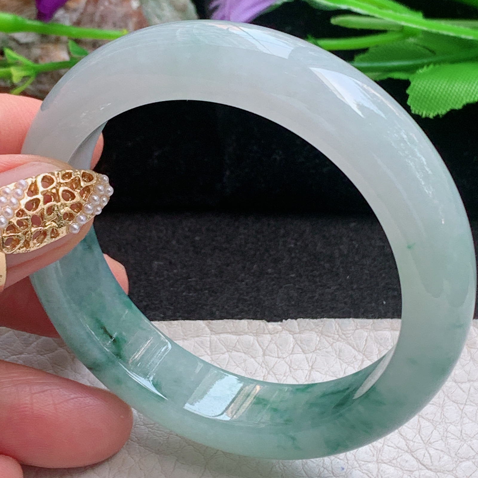 r小圈口51.5*12.8*8.2平安镯 天然缅甸翡翠a货手镯冰飘花秀气正圈玉镯子