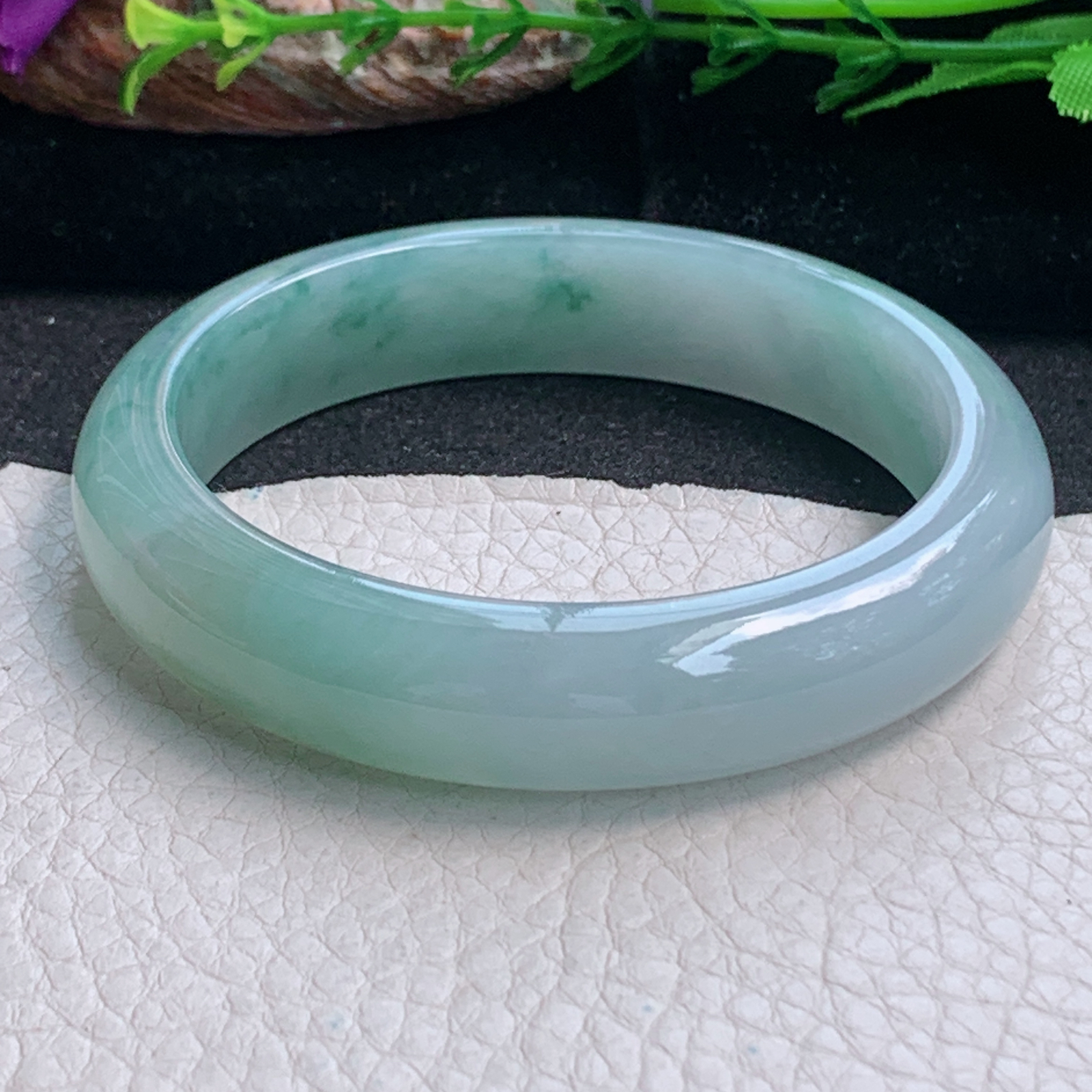 h飘逸款56.5*13*7.8平安镯 天然缅甸翡翠a货手镯冰飘花正圈玉镯子