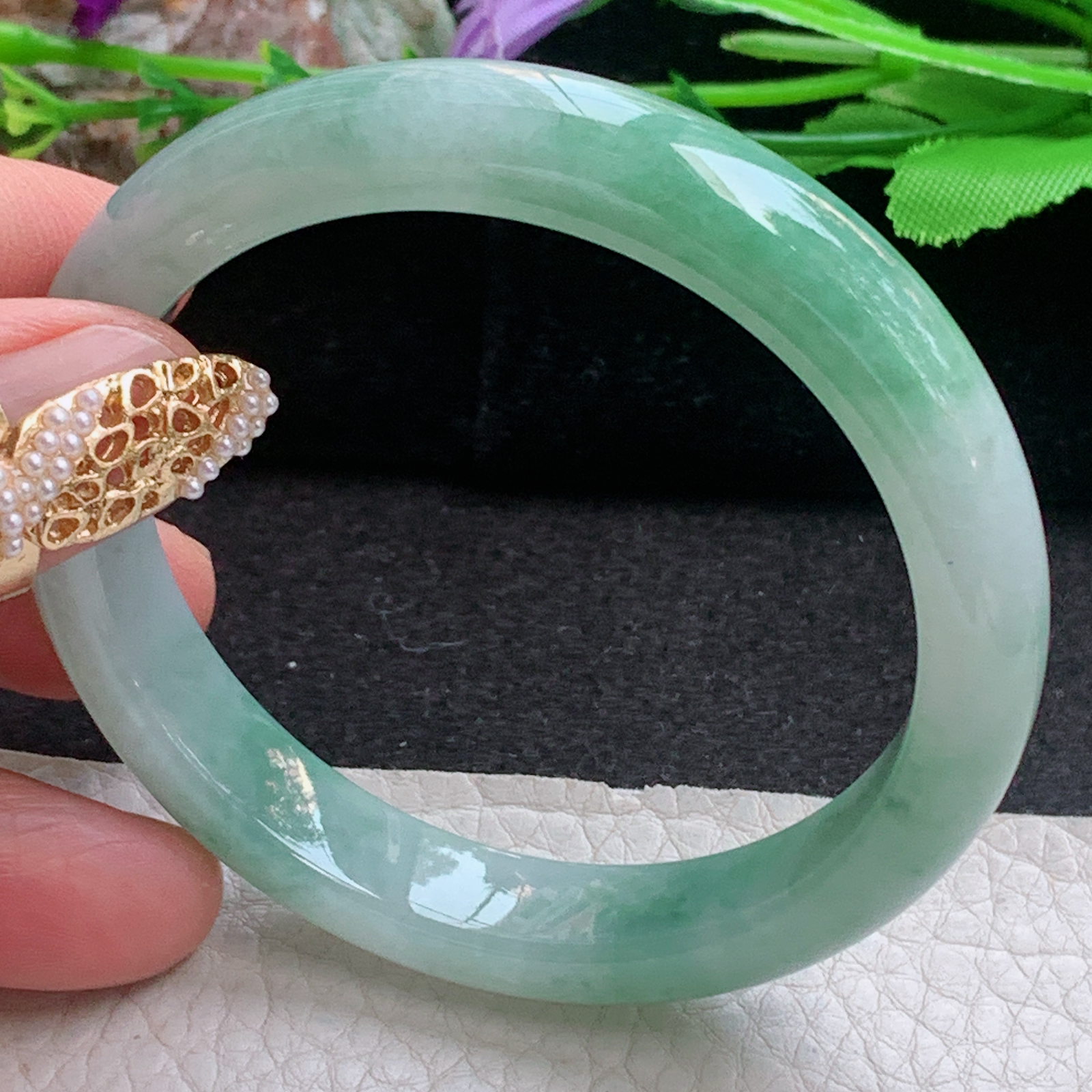 n实拍55*11*7.6平安镯 天然缅甸翡翠a货手镯飘花清秀正圈玉镯子