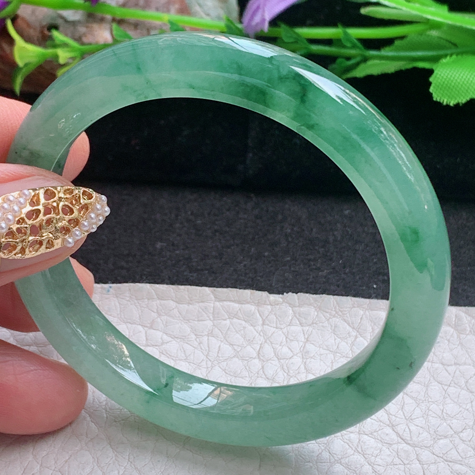 js小圈口52.8*9*8平安镯 天然缅甸翡翠a货手镯冰油飘花秀气正圈玉镯子