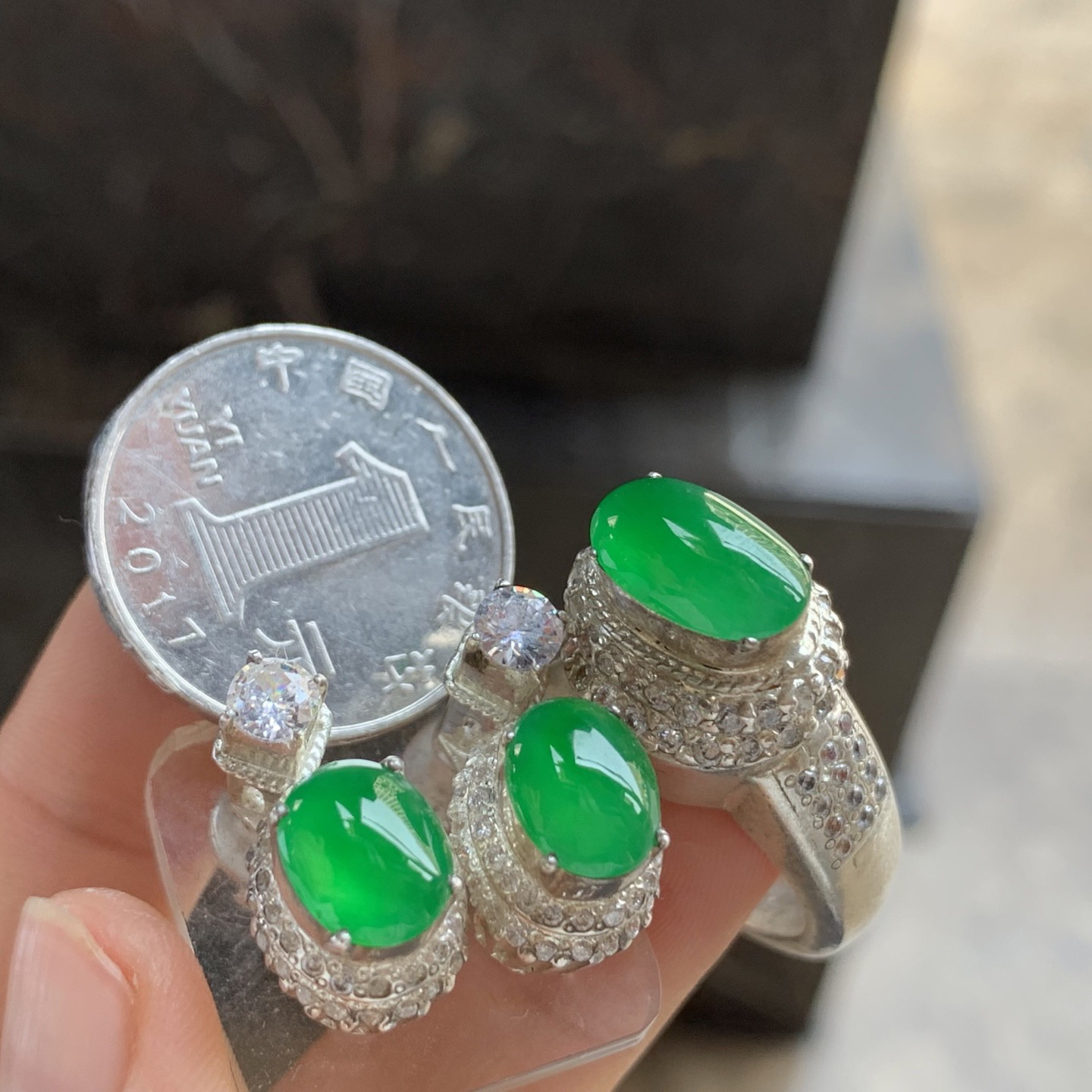 冰种满色戒面套装 颜色漂亮 水润 铜托