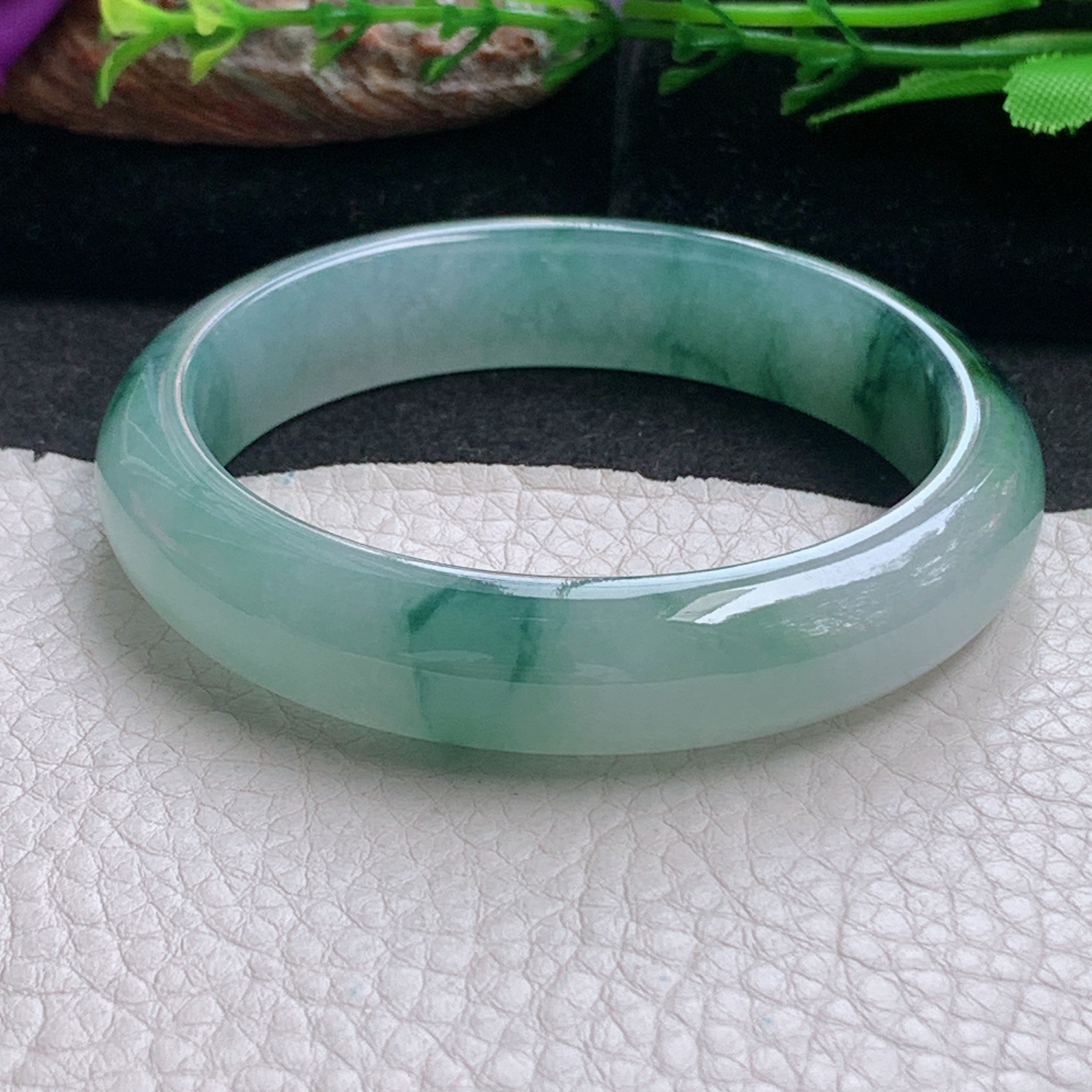 js飘逸款56*12.8*7.7平安镯 天然缅甸翡翠a货手镯冰飘花正圈玉镯子