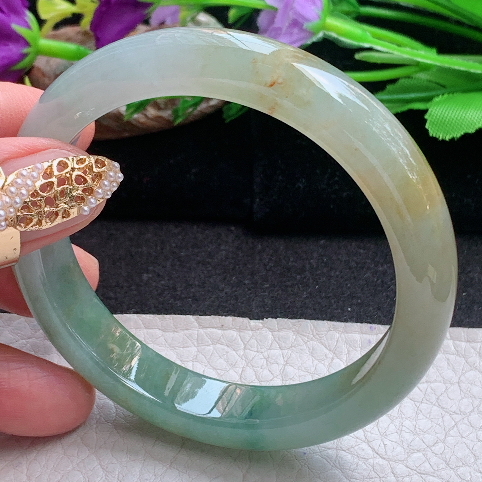 h三彩款57.5*12*8平安镯 天然缅甸翡翠a货手镯冰三彩正圈玉镯子