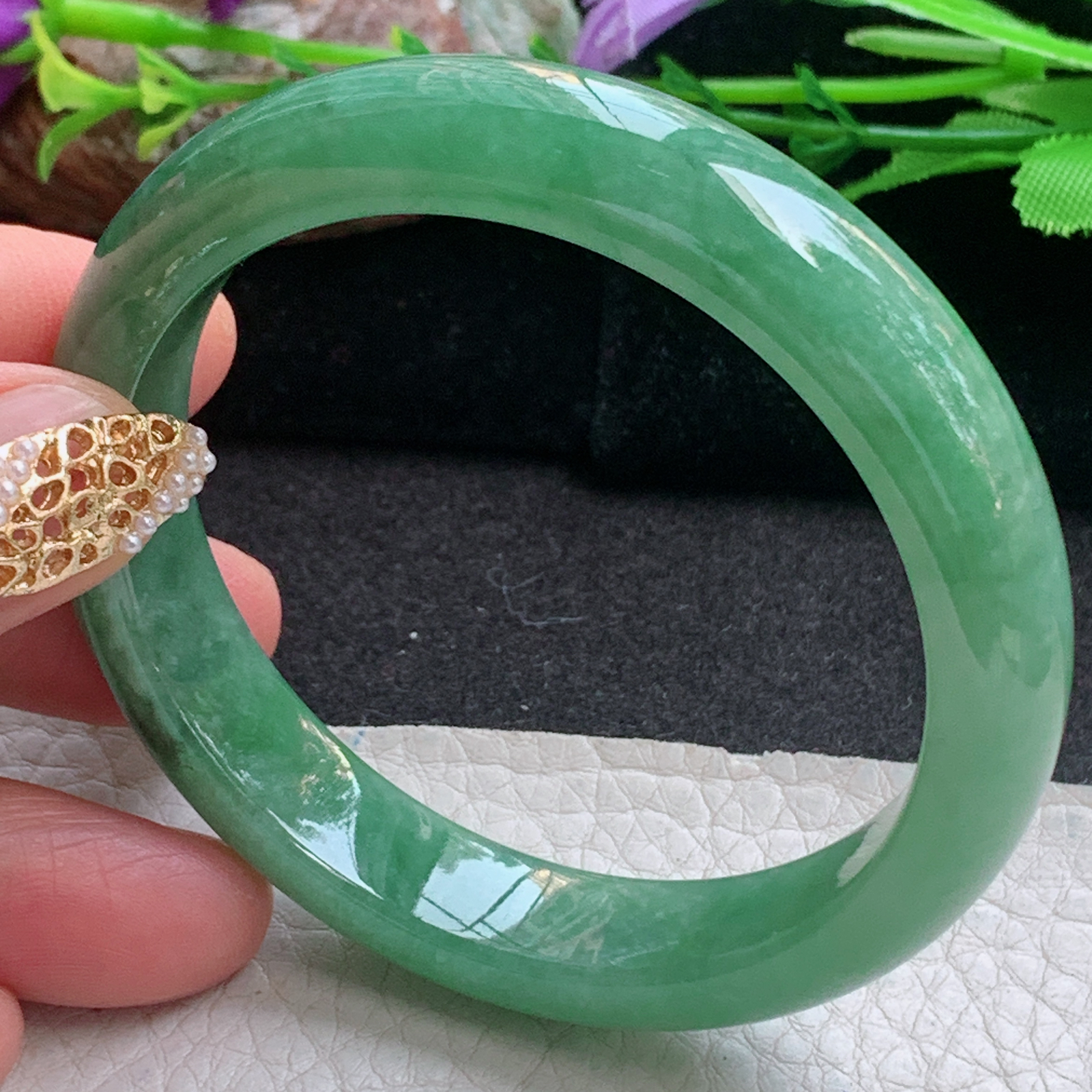n实拍55*12*7.7平安镯 天然缅甸翡翠a货手镯满绿水润正圈玉镯子
