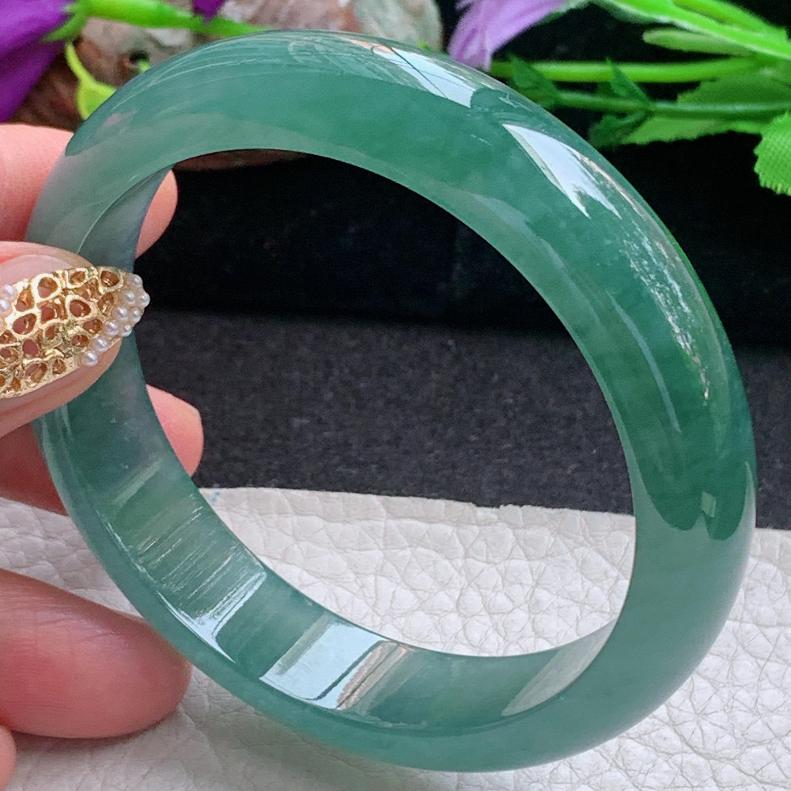 js实拍58*13.6*7.8平安镯 天然缅甸翡翠a货手镯冰油绿正圈玉镯子