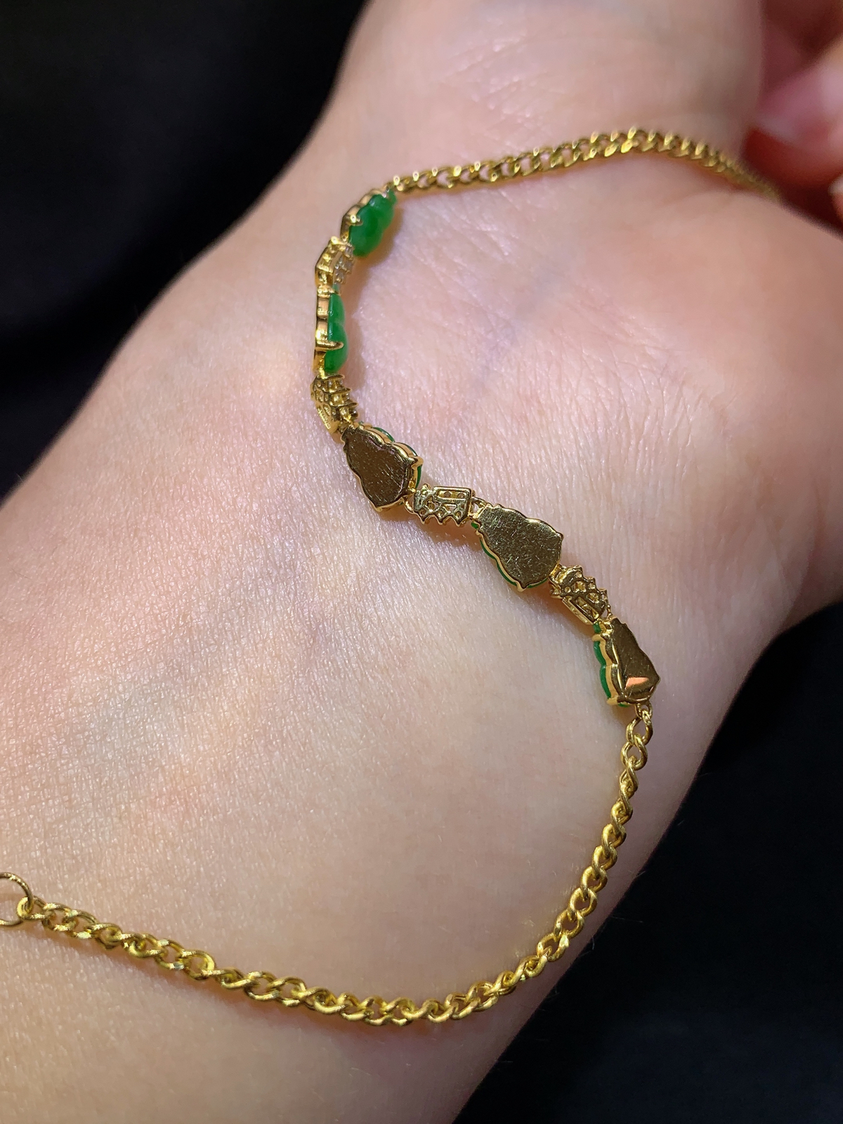 冰阳绿葫芦手链，18k金镶嵌，款式精美，冰润色阳，种水足，Wx 尺寸5.5*3.8*1