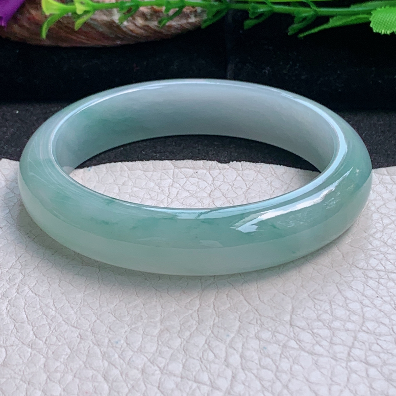 h飘逸款56.5*13*7.8平安镯 天然缅甸翡翠a货手镯冰飘花正圈玉镯子