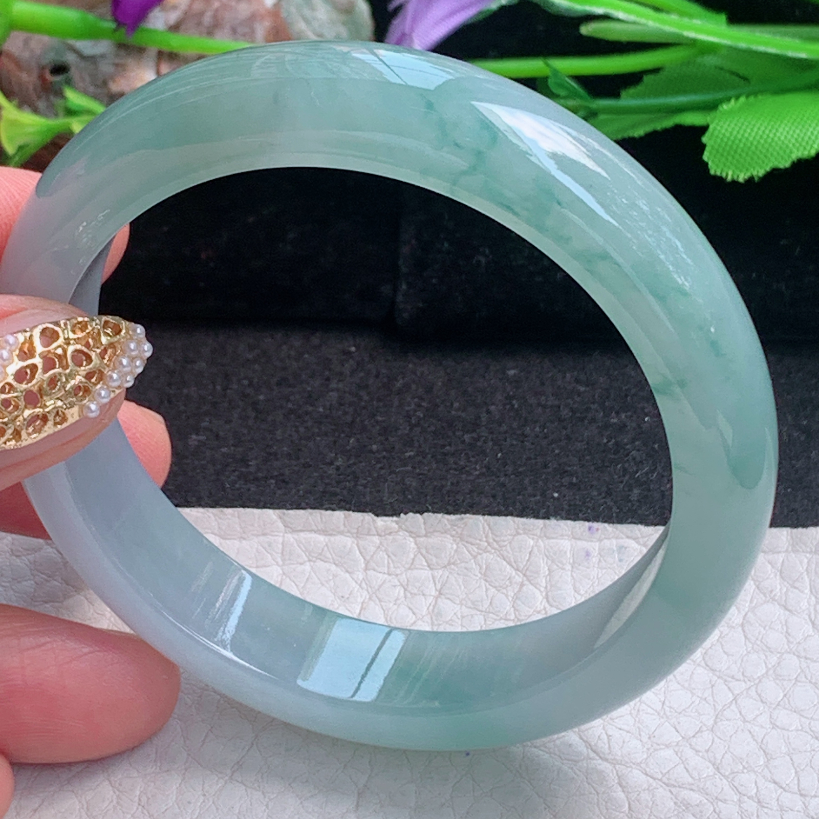 h飘逸款56.5*13*7.8平安镯 天然缅甸翡翠a货手镯冰飘花正圈玉镯子