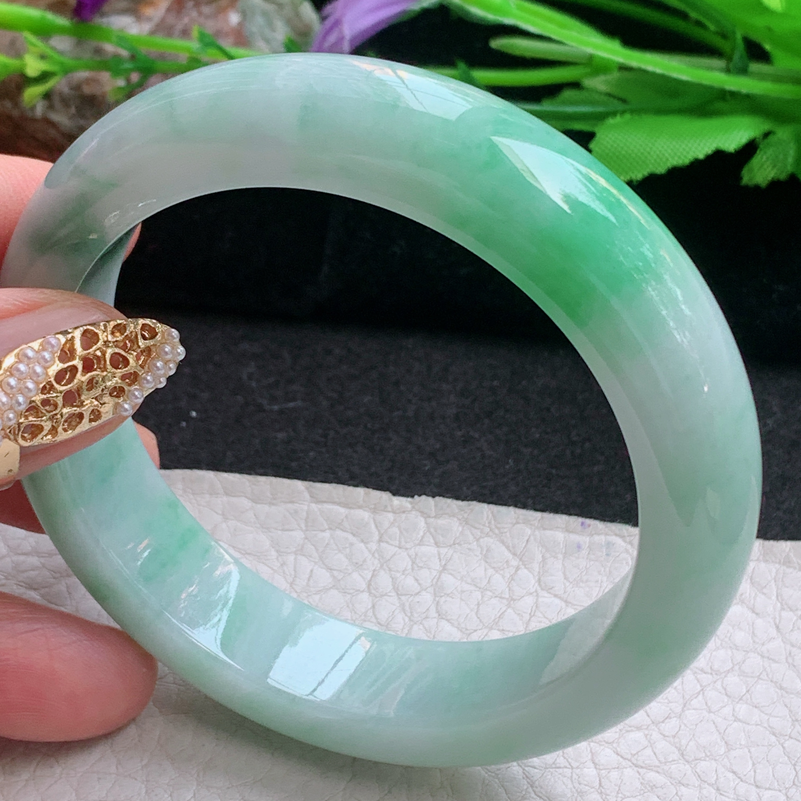 xc实拍57.5*14.2*9.5平安镯 天然缅甸翡翠a货手镯飘绿厚装正圈玉镯子