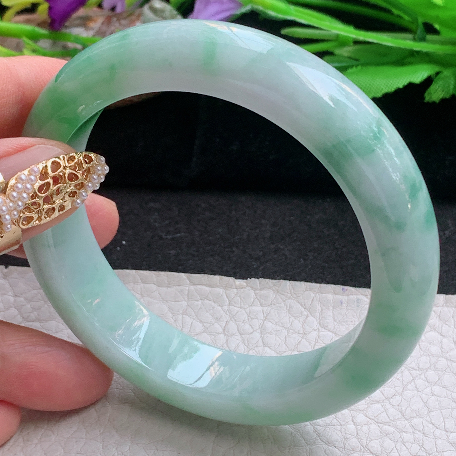 xc实拍57.5*14.2*9.5平安镯 天然缅甸翡翠a货手镯飘绿厚装正圈玉镯子