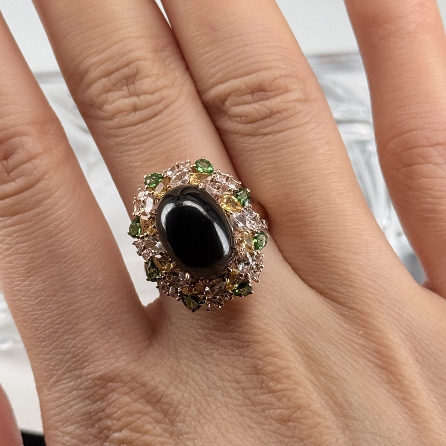 精品18k墨翠豪华大女戒 种好色正 黑度极好 打灯通透 油性十足 尺寸12.9