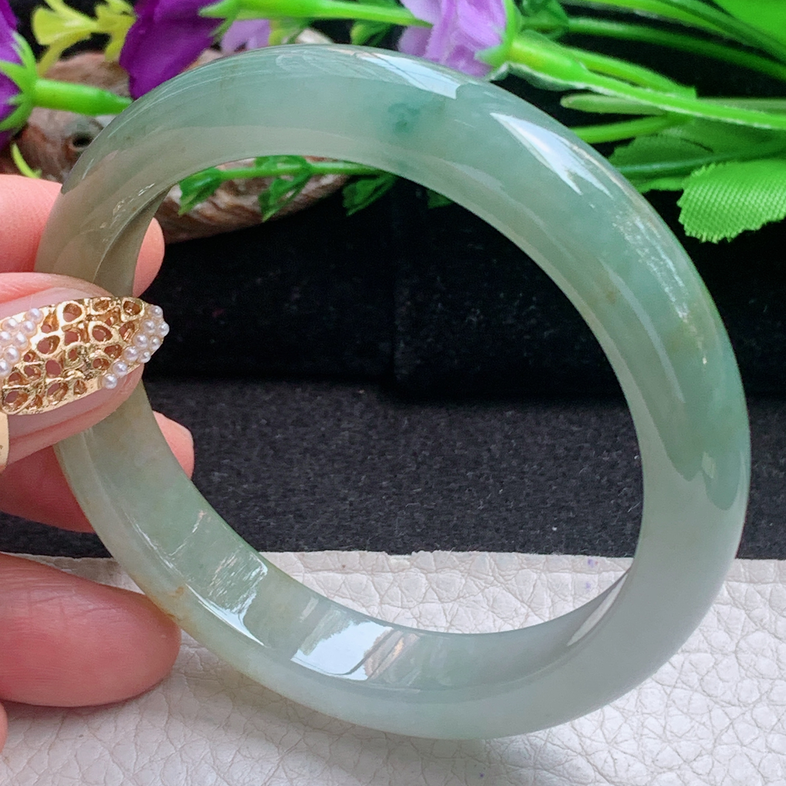 h三彩款57.5*12*8平安镯 天然缅甸翡翠a货手镯冰三彩正圈玉镯子