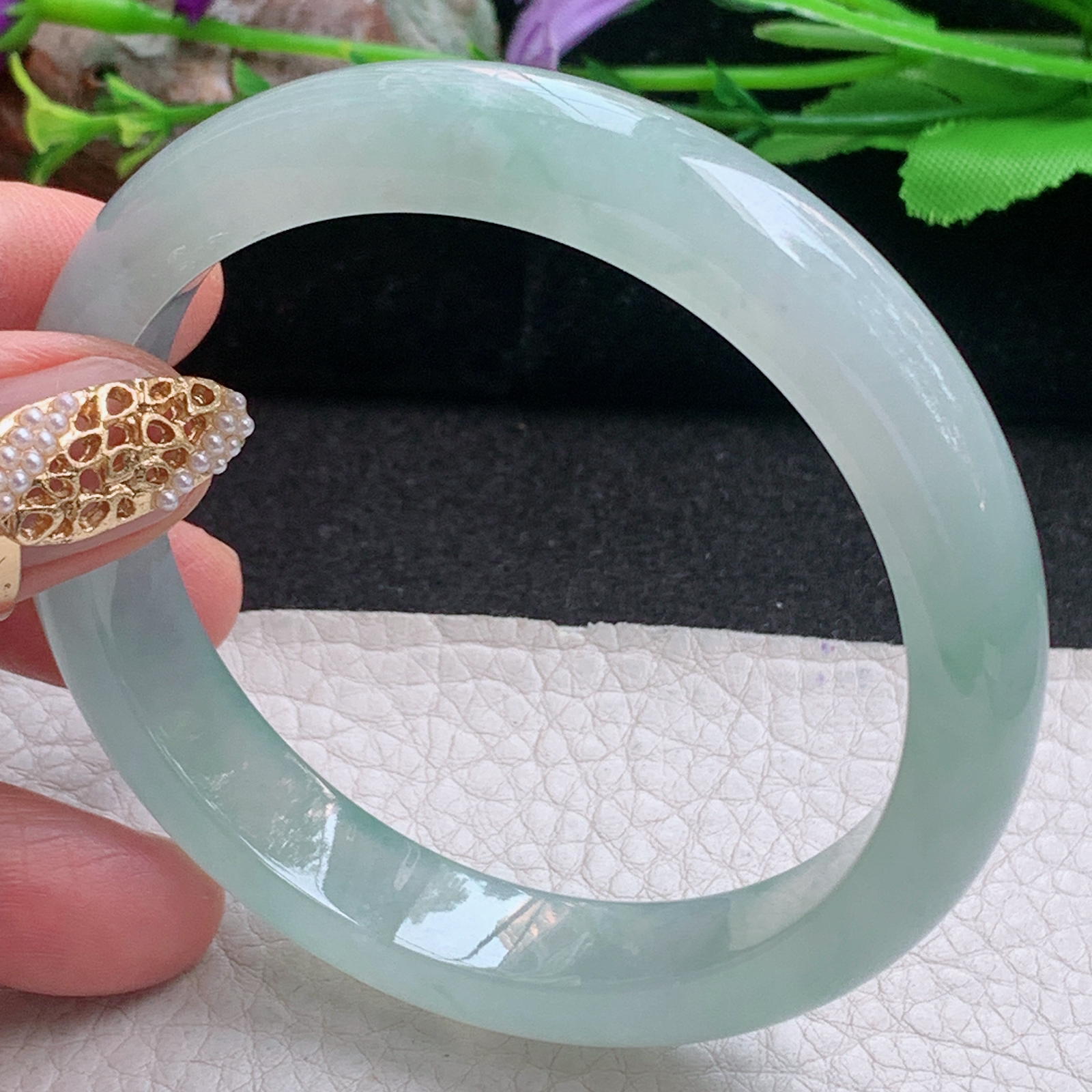 js实拍58.8*11.8*8平安镯 天然缅甸翡翠a货手镯冰纯晴绿正圈玉镯子