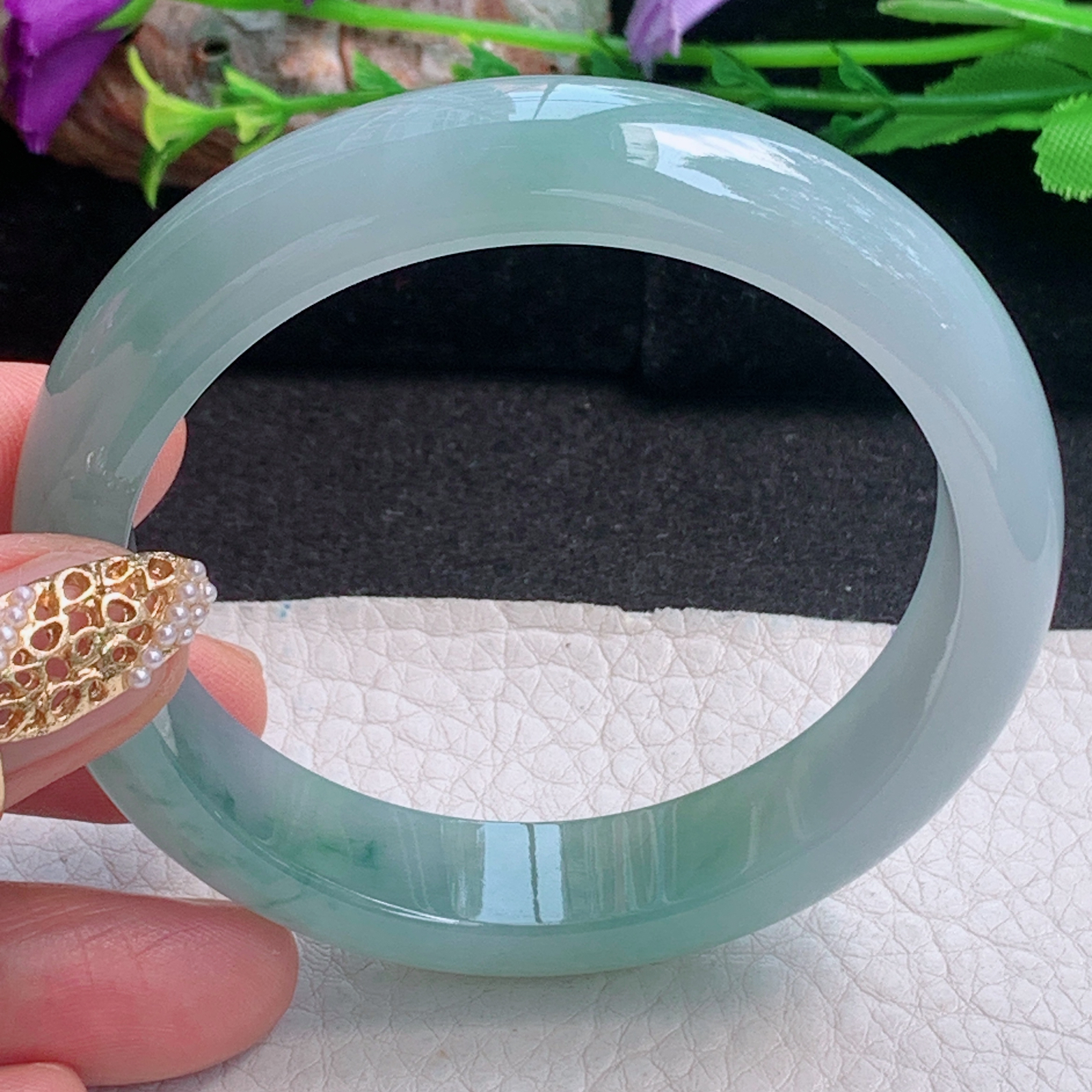 h飘逸款56.5*13*7.8平安镯 天然缅甸翡翠a货手镯冰飘花正圈玉镯子