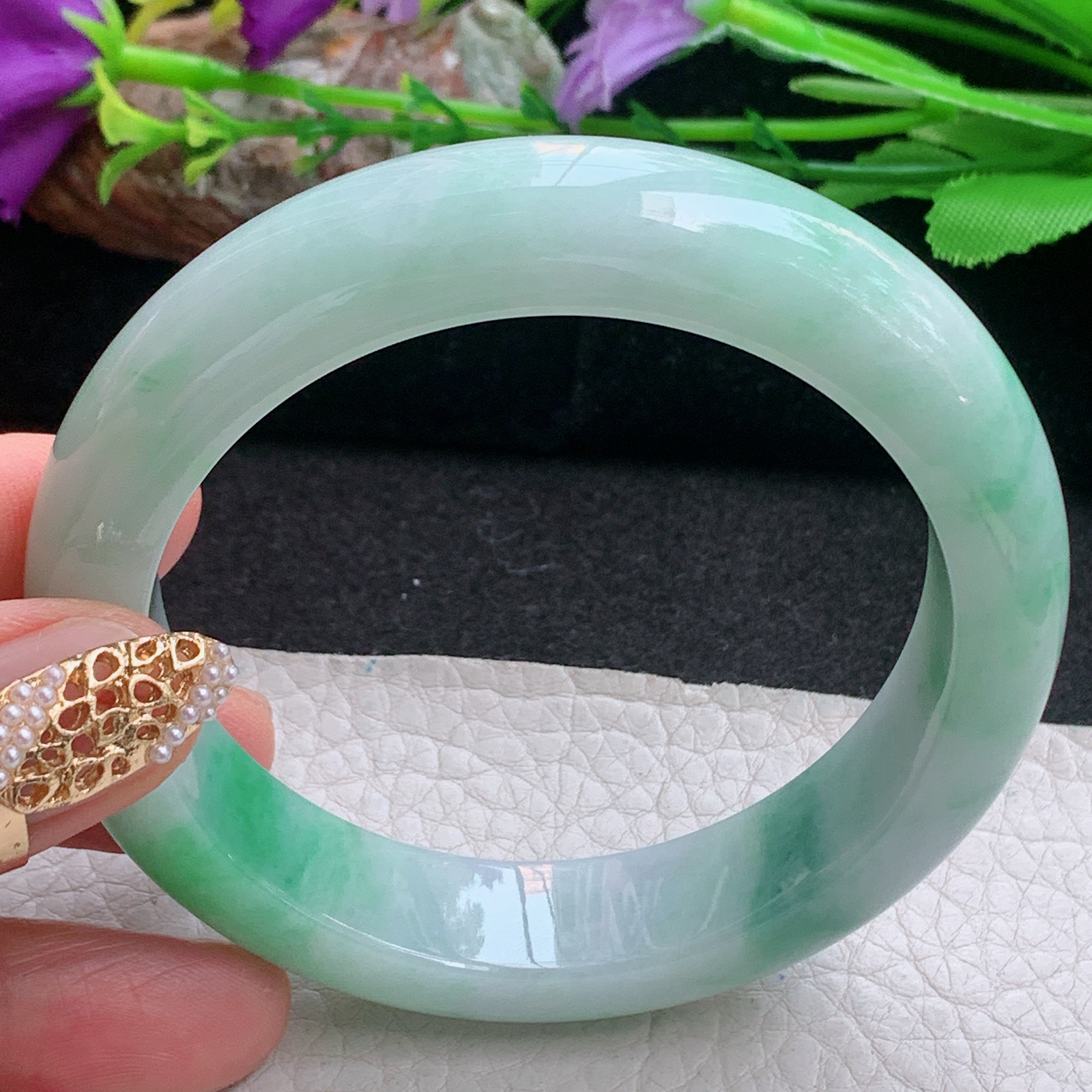 xc实拍57.5*14.2*9.5平安镯 天然缅甸翡翠a货手镯飘绿厚装正圈玉镯子