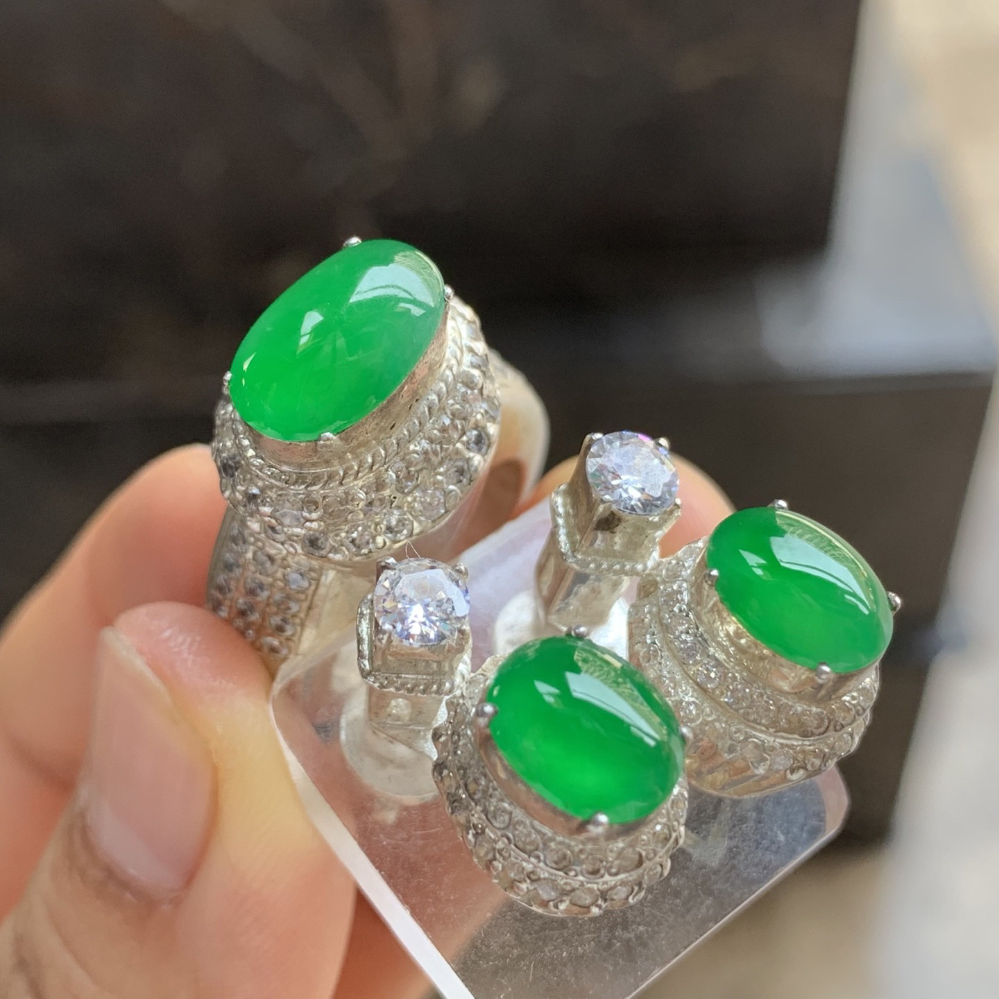 冰种满色戒面套装 颜色漂亮 水润 铜托