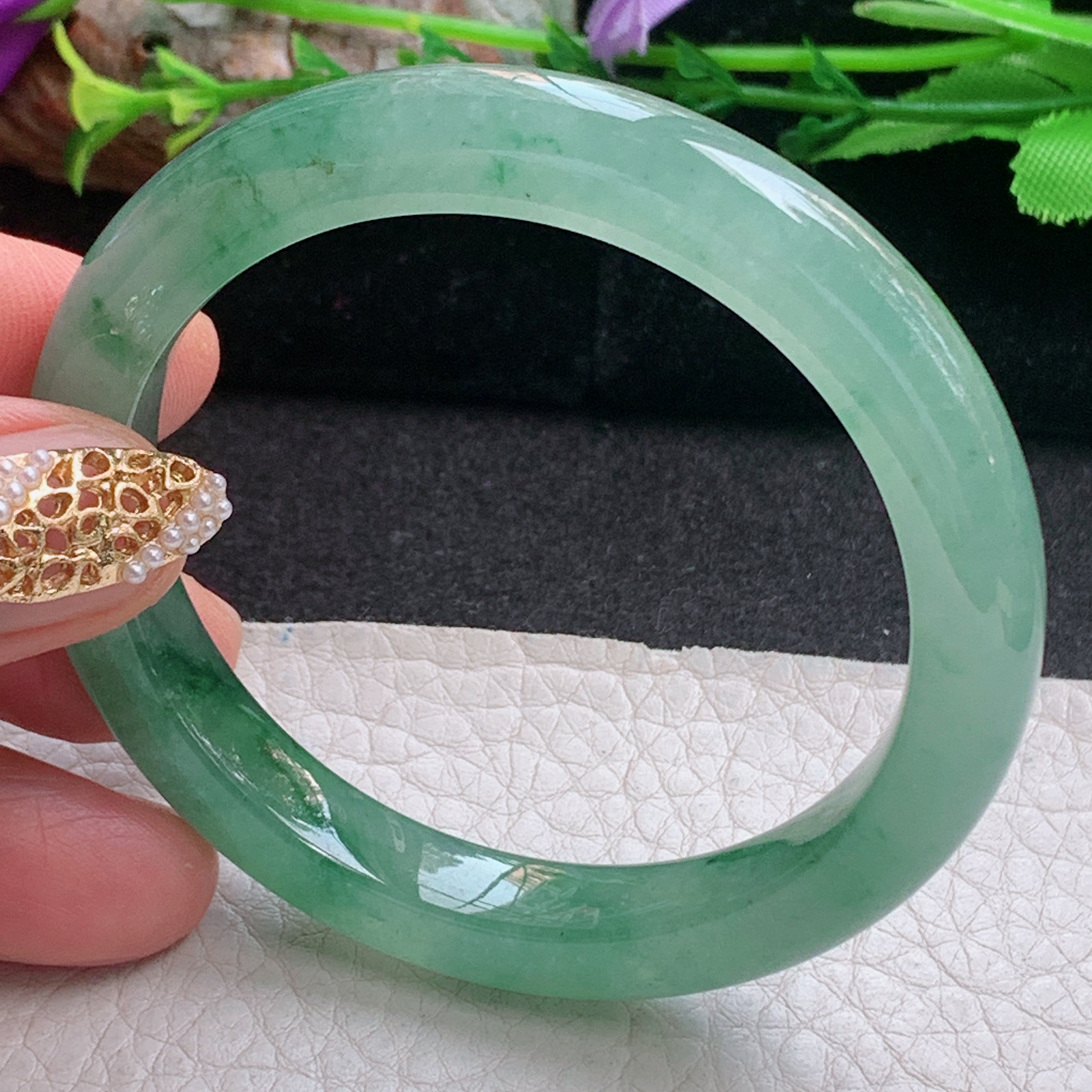 js小圈口52.8*9*8平安镯 天然缅甸翡翠a货手镯冰油飘花秀气正圈玉镯子