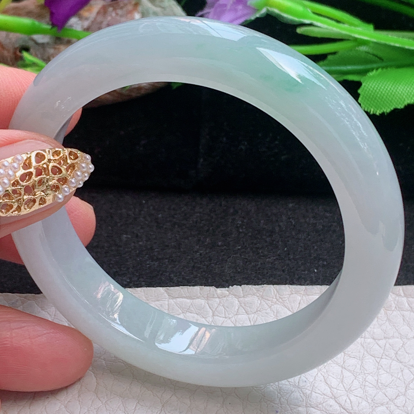 fx小圈口53*11.5*8.6平安镯 天然缅甸翡翠a货手镯白底青正圈玉镯子