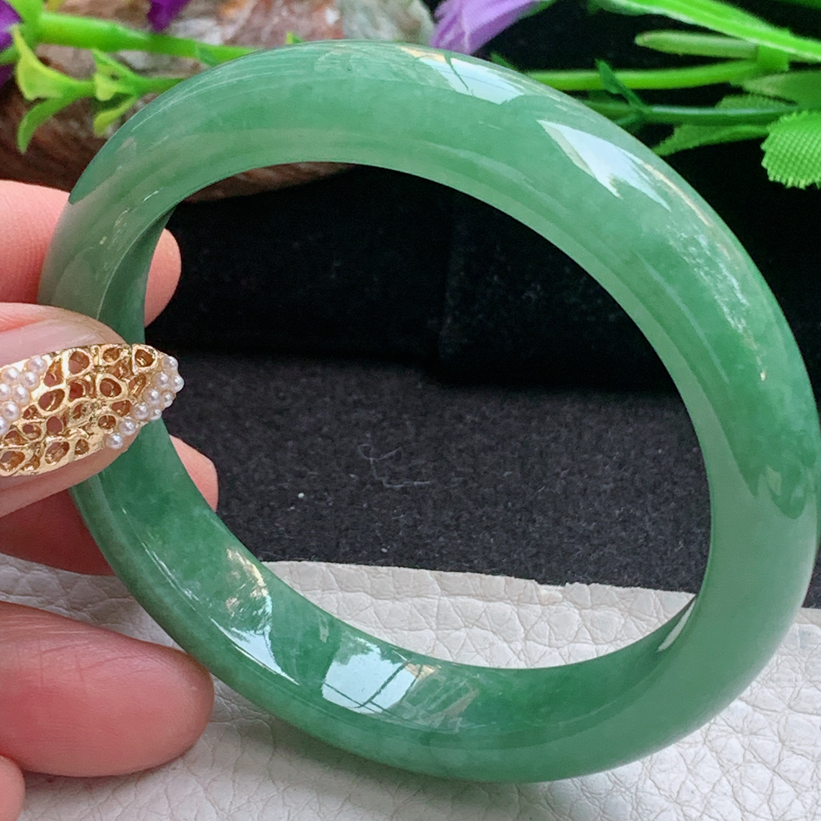 n实拍55*12*7.7平安镯 天然缅甸翡翠a货手镯满绿水润正圈玉镯子