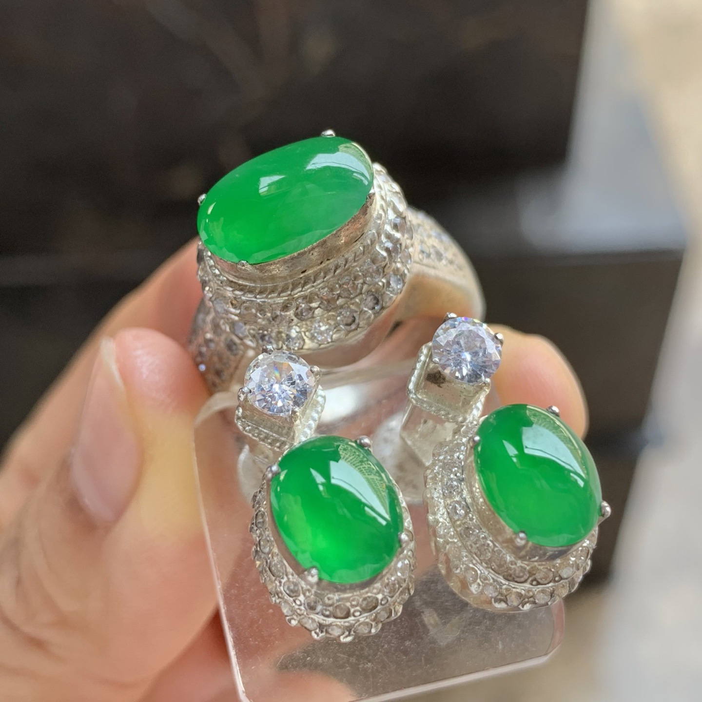 冰种满色戒面套装 颜色漂亮 水润 铜托