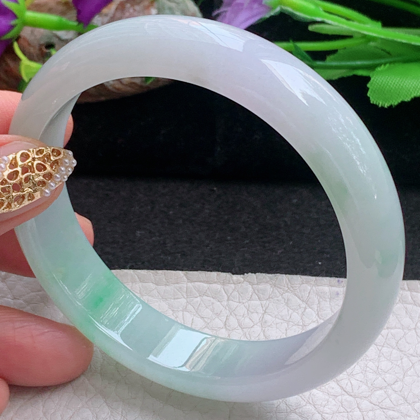 js大圈口61*14.3*7.8平安镯 天然缅甸翡翠a货手镯冰飘金丝阳阳正圈玉镯子