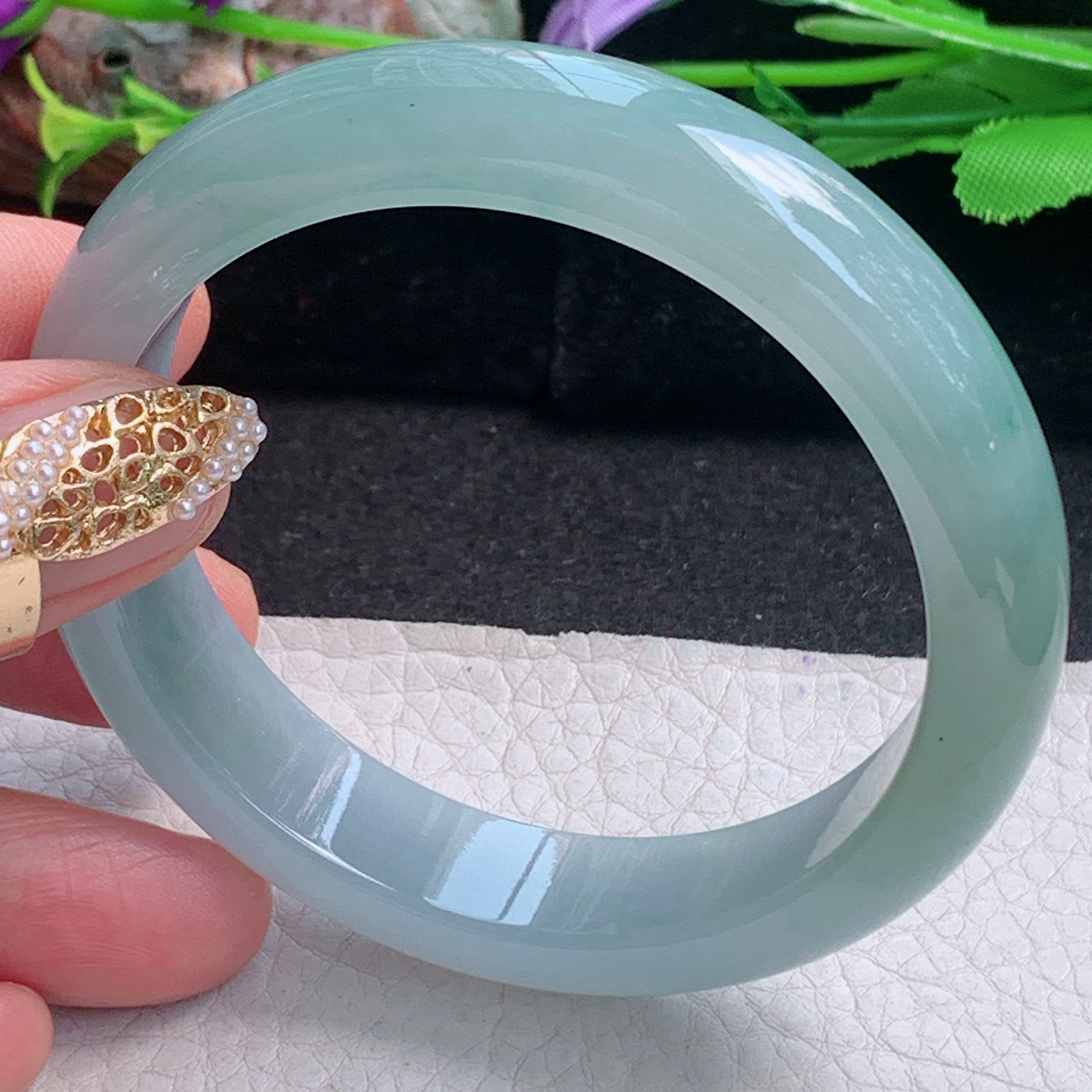 h飘逸款56.5*13*7.8平安镯 天然缅甸翡翠a货手镯冰飘花正圈玉镯子