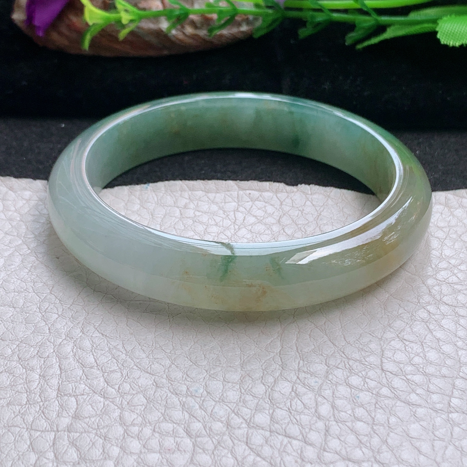 h三彩款57.5*12*8平安镯 天然缅甸翡翠a货手镯冰三彩正圈玉镯子