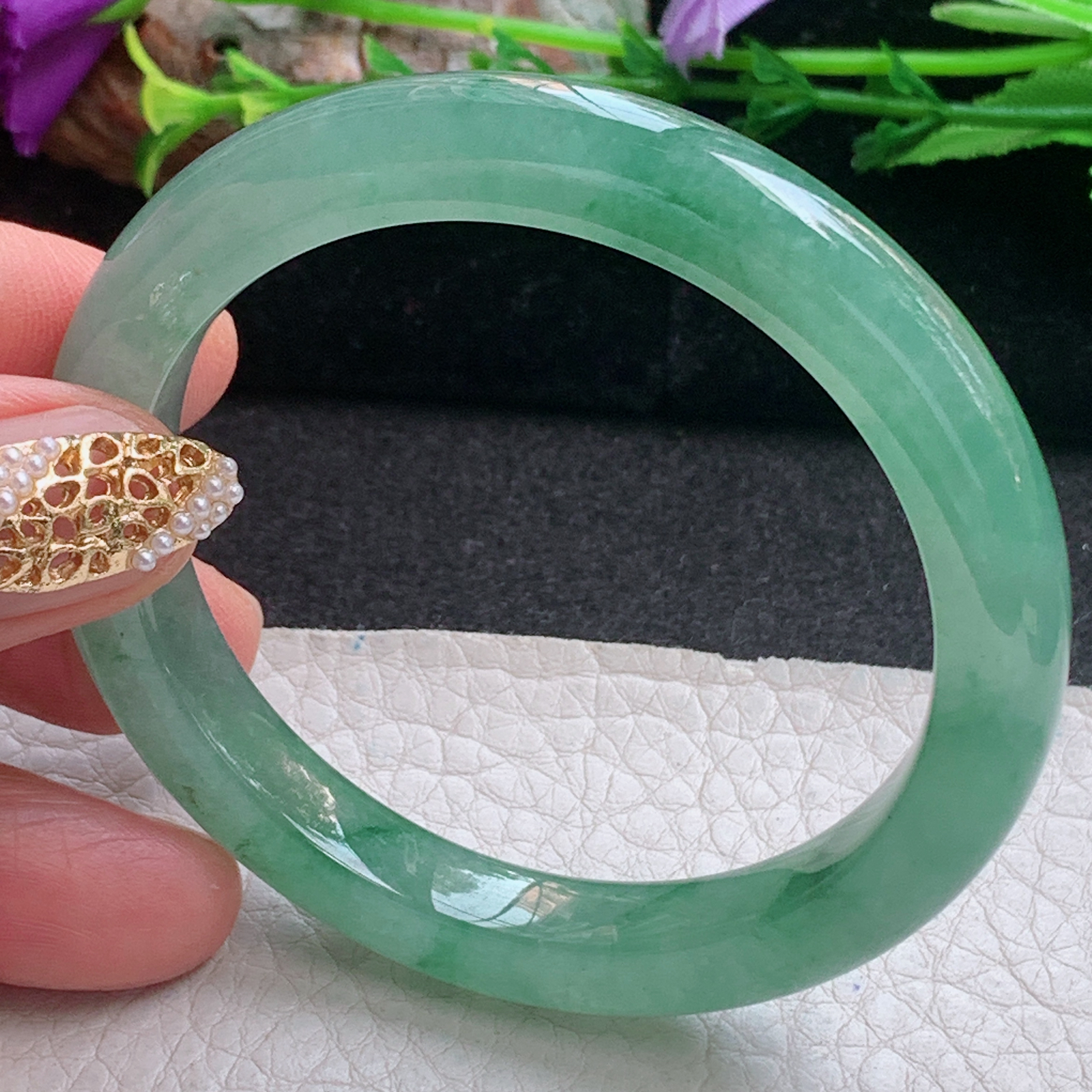 js小圈口52.8*9*8平安镯 天然缅甸翡翠a货手镯冰油飘花秀气正圈玉镯子