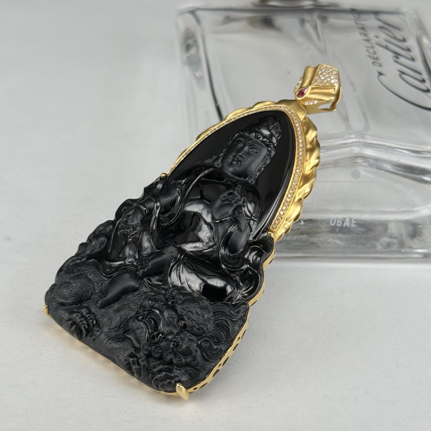 精品18k墨翠文殊菩萨 种好色正 黑度极好 打灯通透 油性十足 尺寸70.8