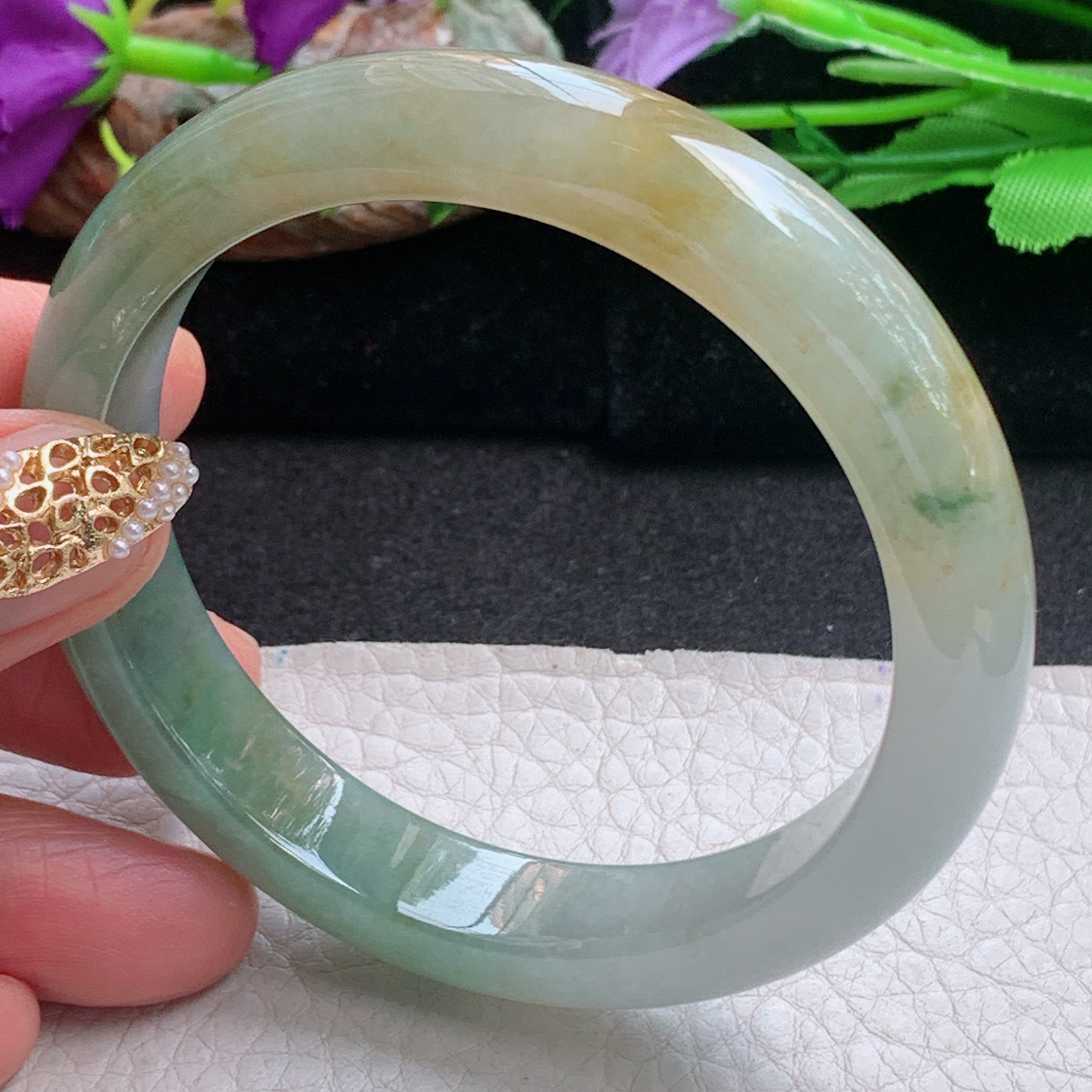 h三彩款57.5*12*8平安镯 天然缅甸翡翠a货手镯冰三彩正圈玉镯子