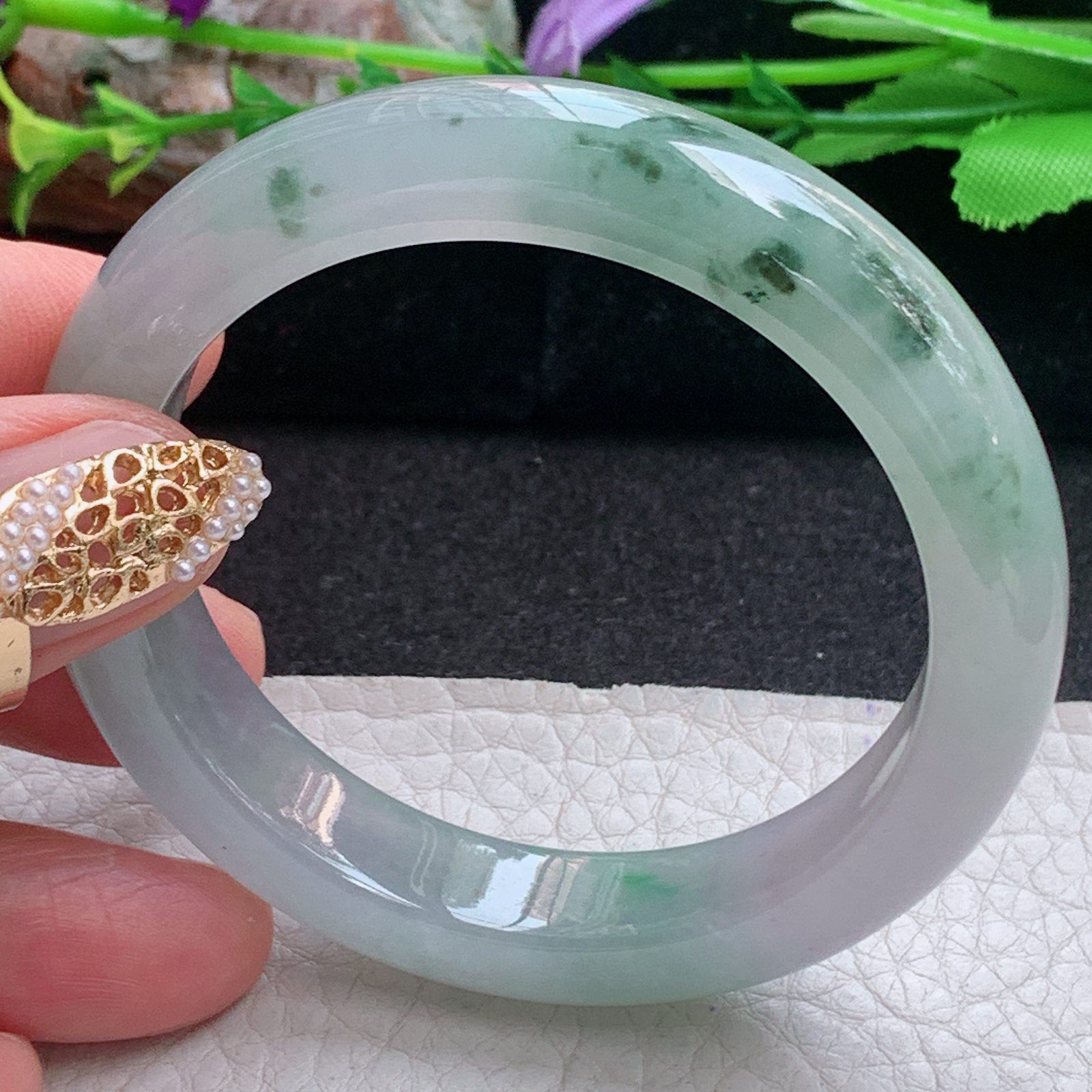 ss小圈口52*11.3*8.7平安镯 天然缅甸翡翠a货手镯冰飘花秀气 正圈玉镯子