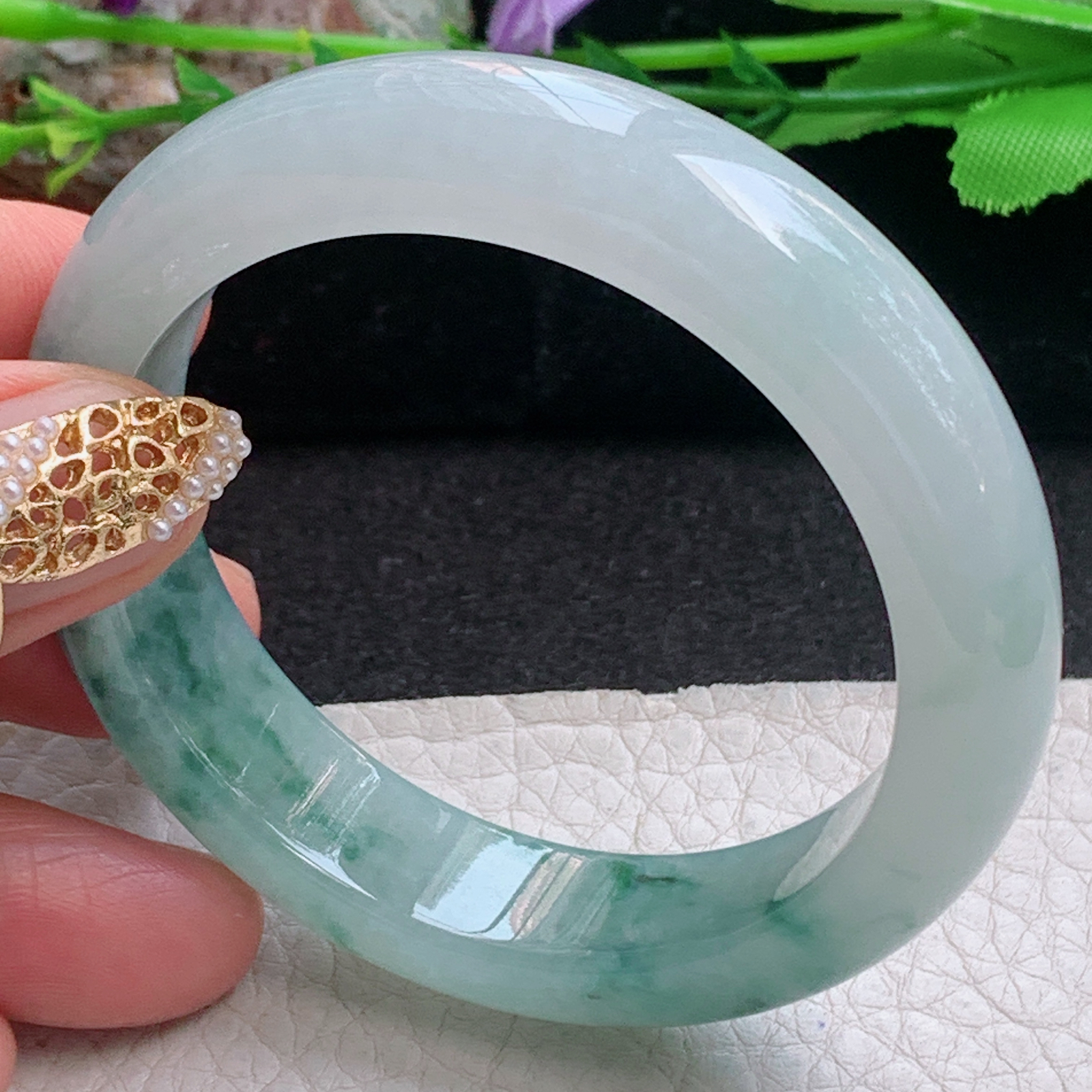 r小圈口51.5*12.8*8.2平安镯 天然缅甸翡翠a货手镯冰飘花秀气正圈玉镯子