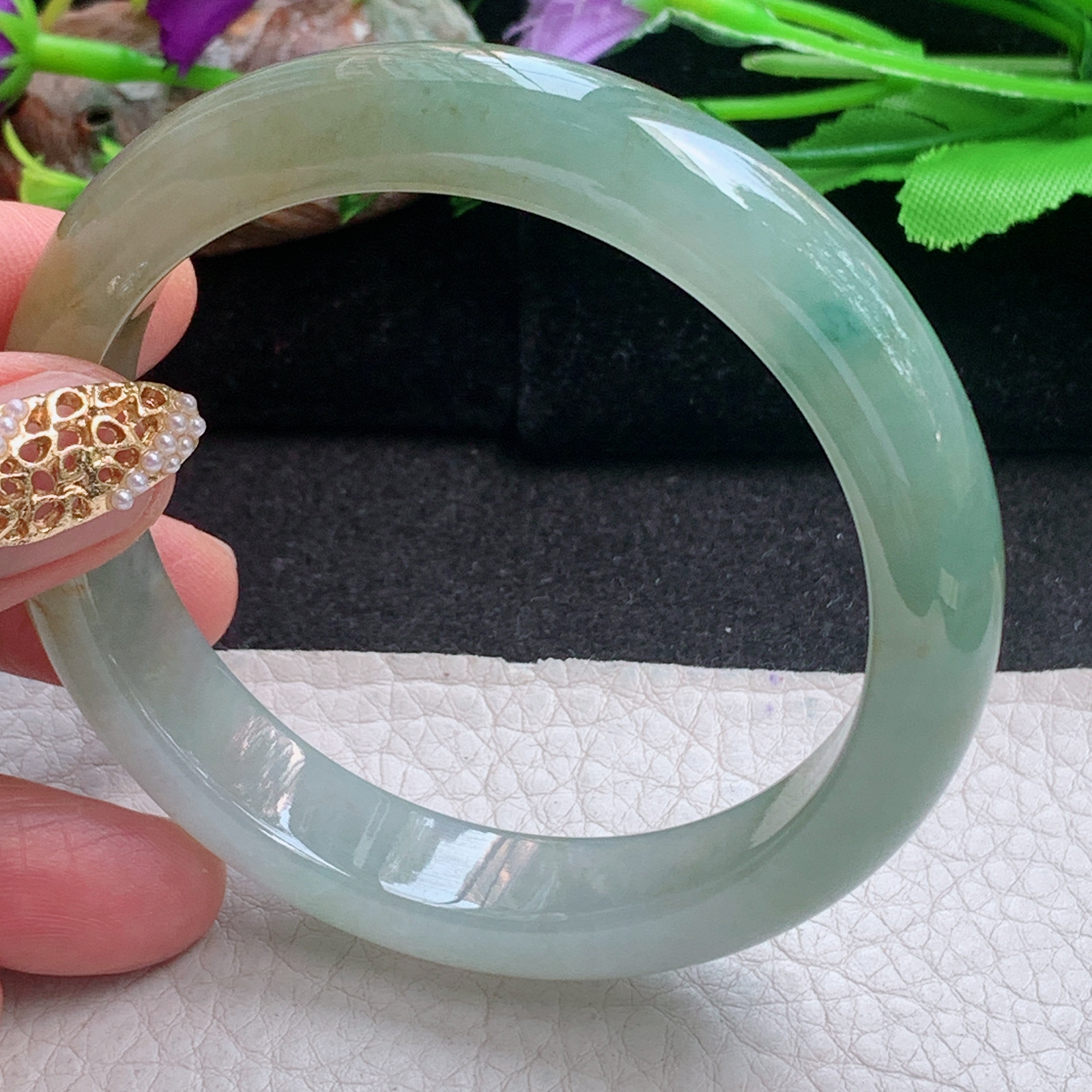 h三彩款57.5*12*8平安镯 天然缅甸翡翠a货手镯冰三彩正圈玉镯子