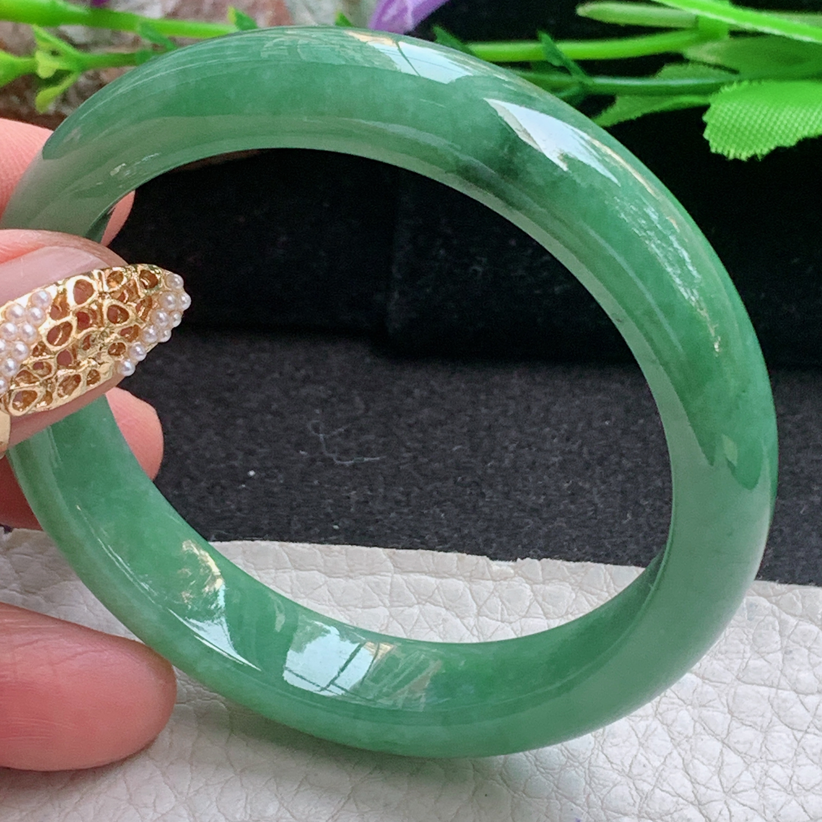 n实拍55*12*7.7平安镯 天然缅甸翡翠a货手镯满绿水润正圈玉镯子