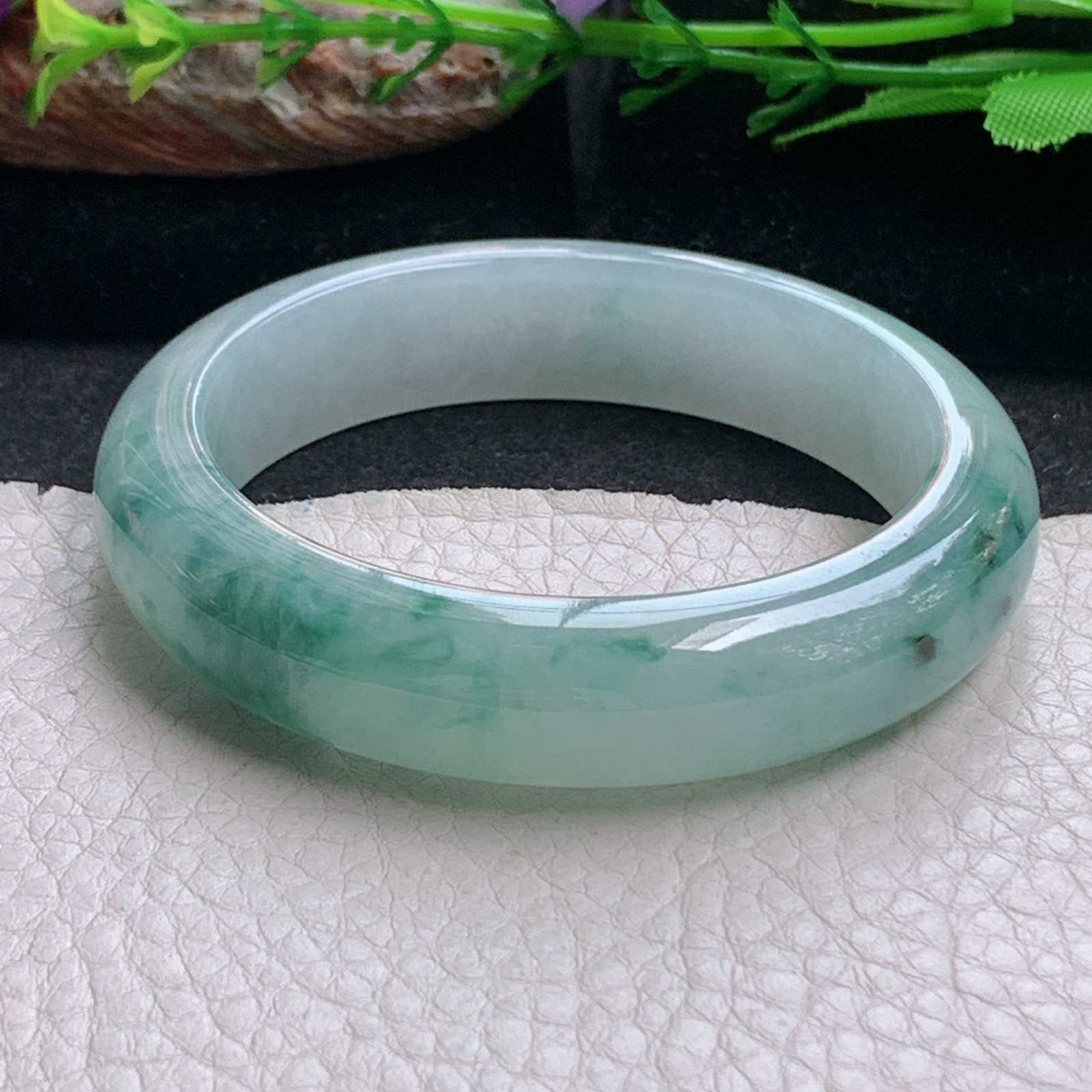 r小圈口51.5*12.8*8.2平安镯 天然缅甸翡翠a货手镯冰飘花秀气正圈玉镯子