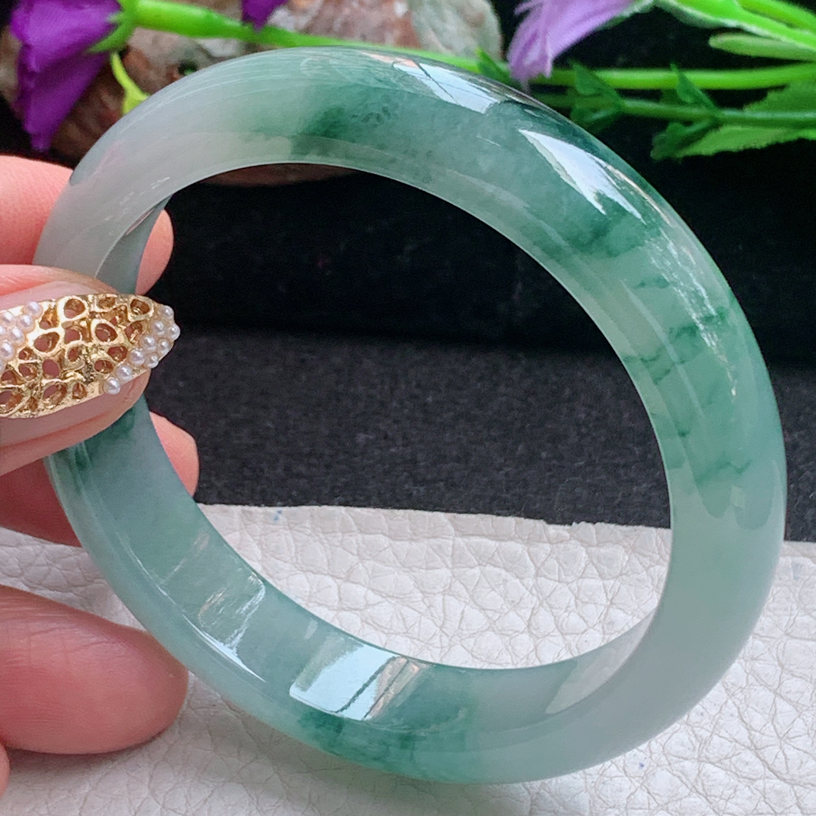 js飘逸款56*12.8*7.7平安镯 天然缅甸翡翠a货手镯冰飘花正圈玉镯子