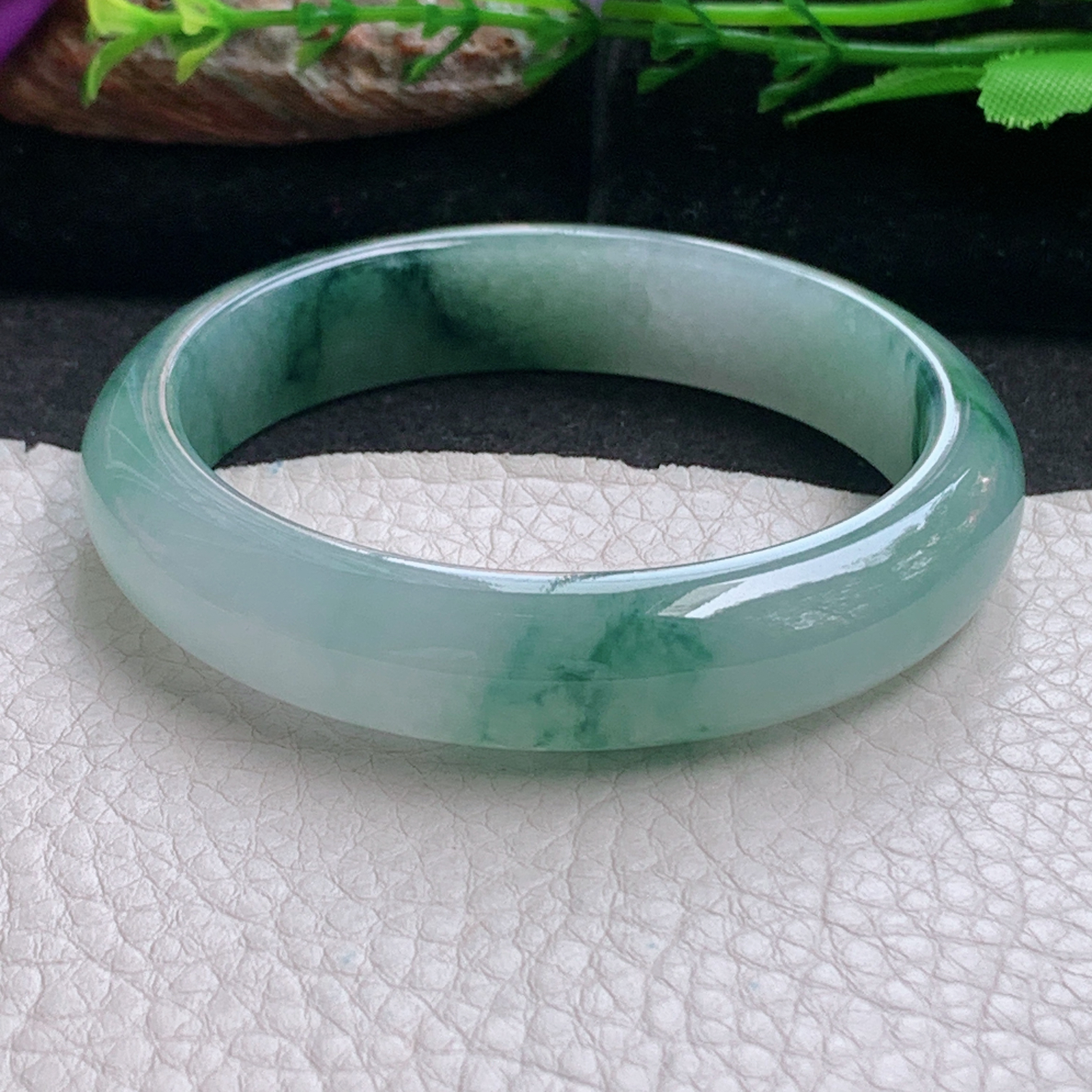 js飘逸款56*12.8*7.7平安镯 天然缅甸翡翠a货手镯冰飘花正圈玉镯子