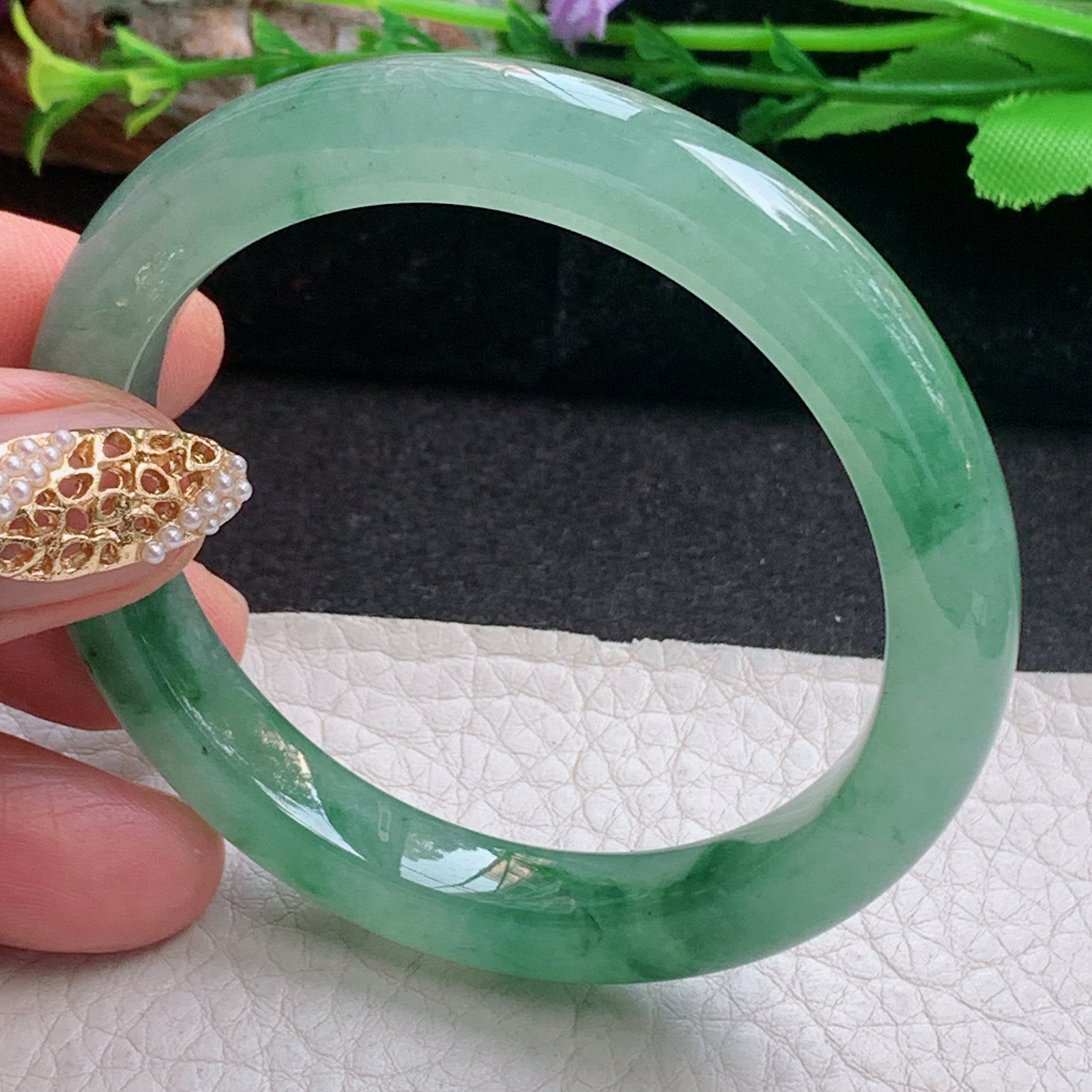 js小圈口52.8*9*8平安镯 天然缅甸翡翠a货手镯冰油飘花秀气正圈玉镯子