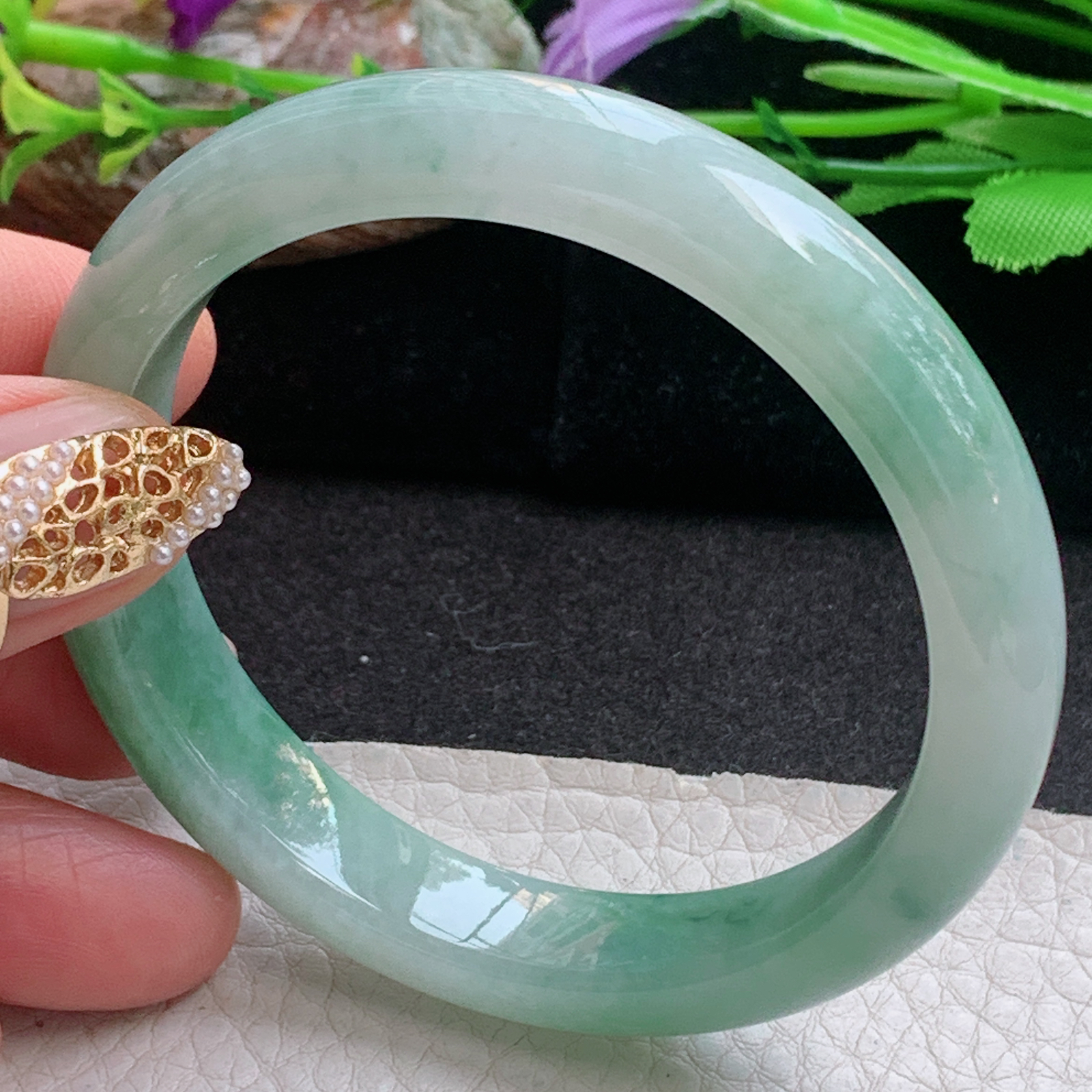 n实拍55*11*7.6平安镯 天然缅甸翡翠a货手镯飘花清秀正圈玉镯子