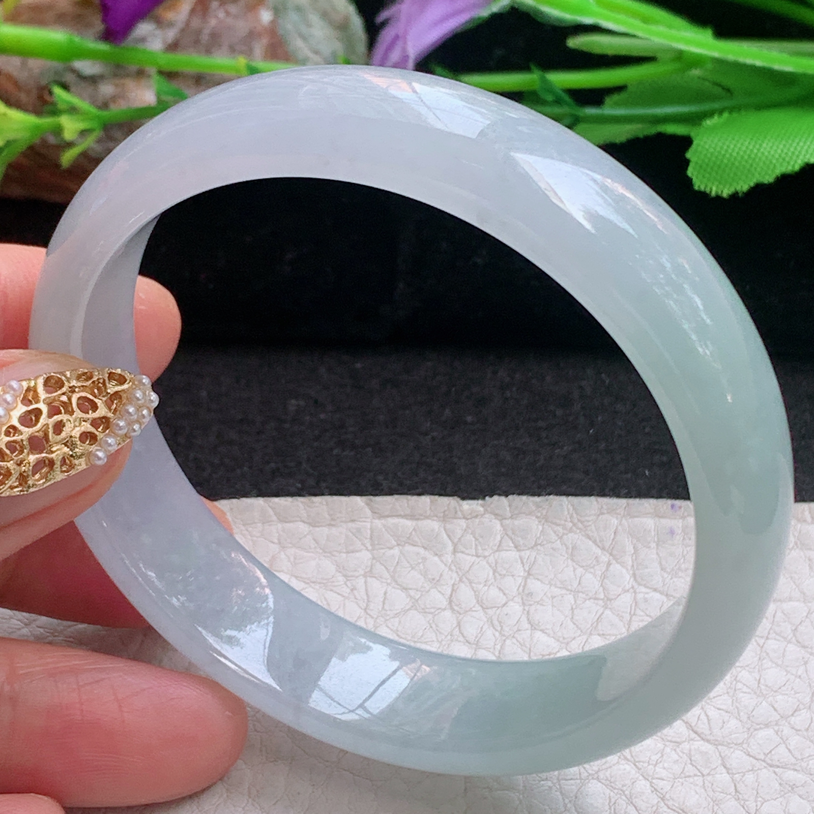 hy实拍56.8*13.8*6.5平安镯 天然缅甸翡翠a货手镯冰润浅绿正圈玉镯子