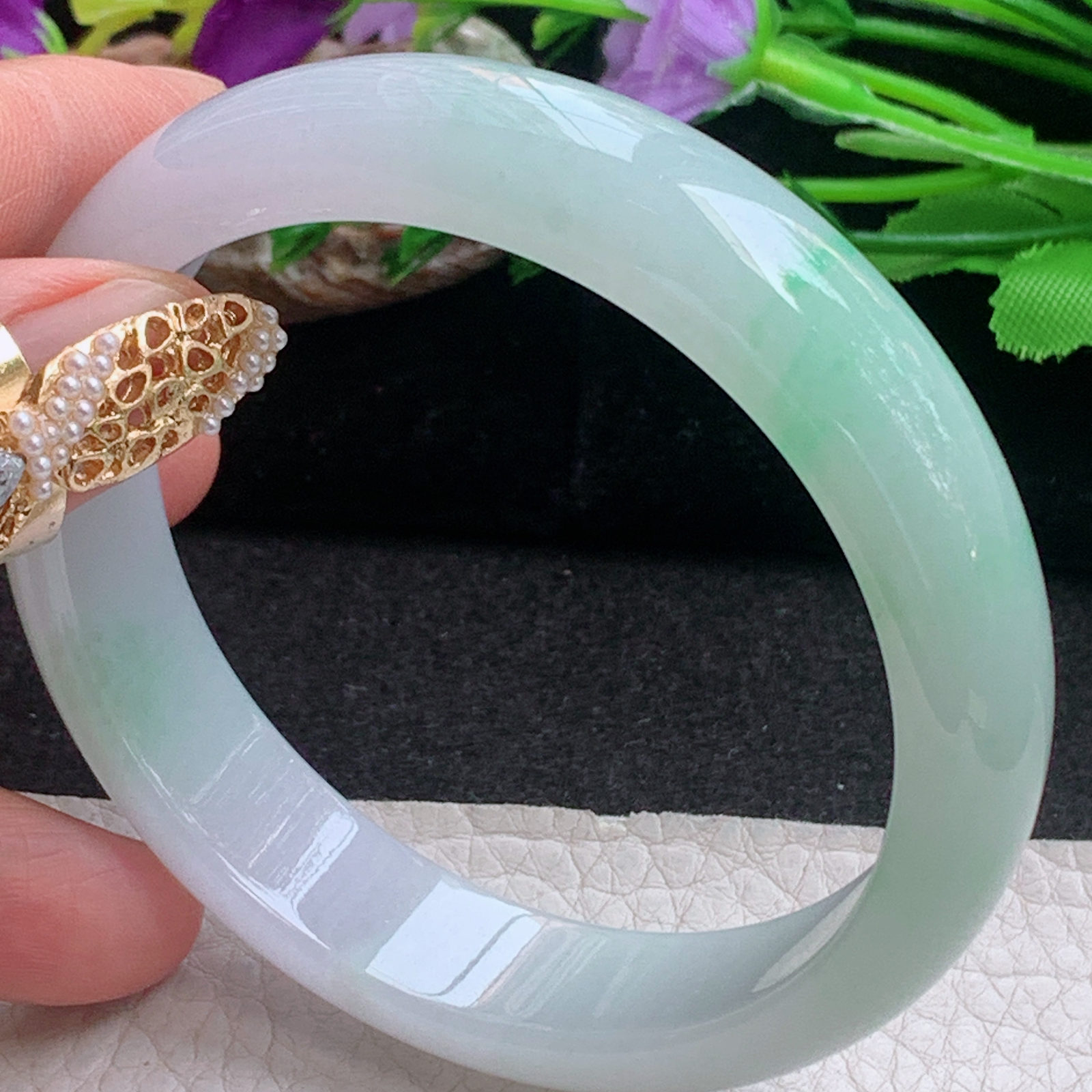 js大圈口61*14.3*7.8平安镯 天然缅甸翡翠a货手镯冰飘金丝阳阳正圈玉镯子