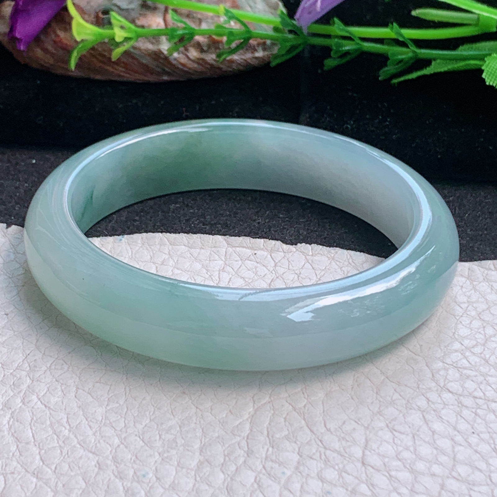 h飘逸款56.5*13*7.8平安镯 天然缅甸翡翠a货手镯冰飘花正圈玉镯子