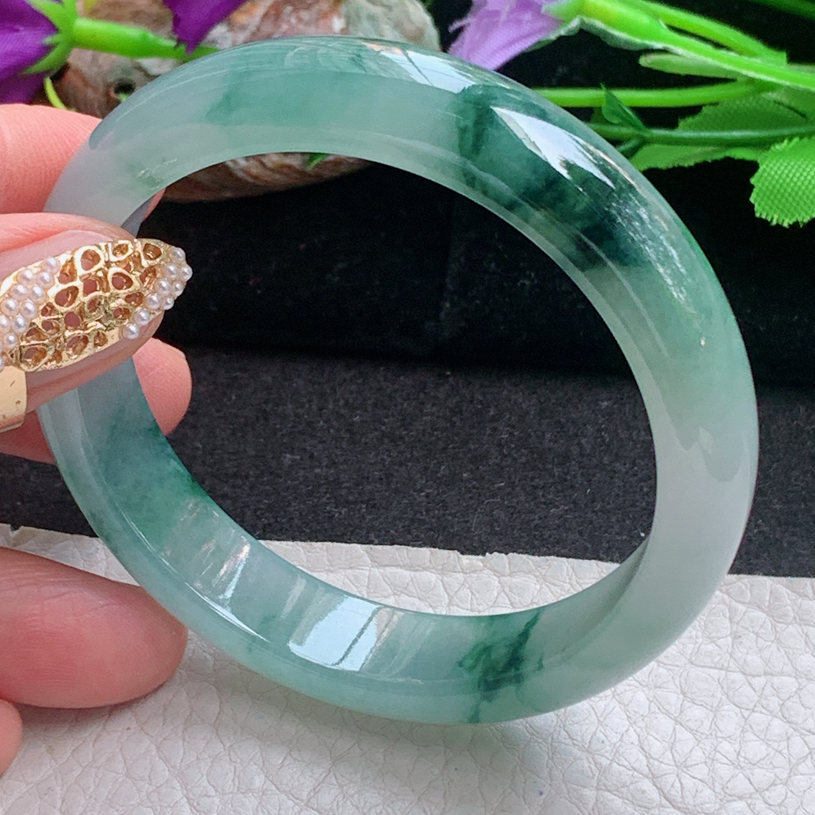 js飘逸款56*12.8*7.7平安镯 天然缅甸翡翠a货手镯冰飘花正圈玉镯子