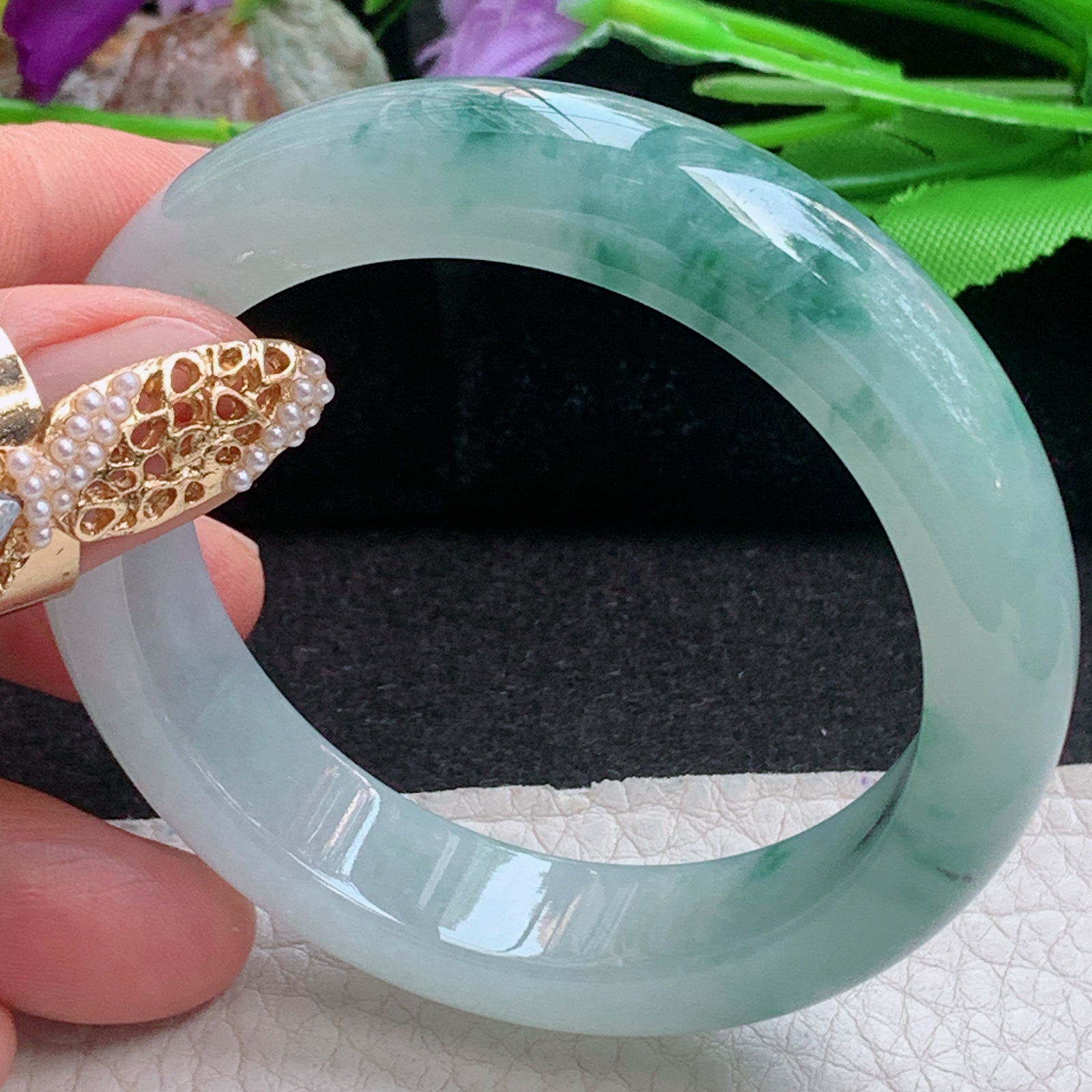 r小圈口51.5*12.8*8.2平安镯 天然缅甸翡翠a货手镯冰飘花秀气正圈玉镯子