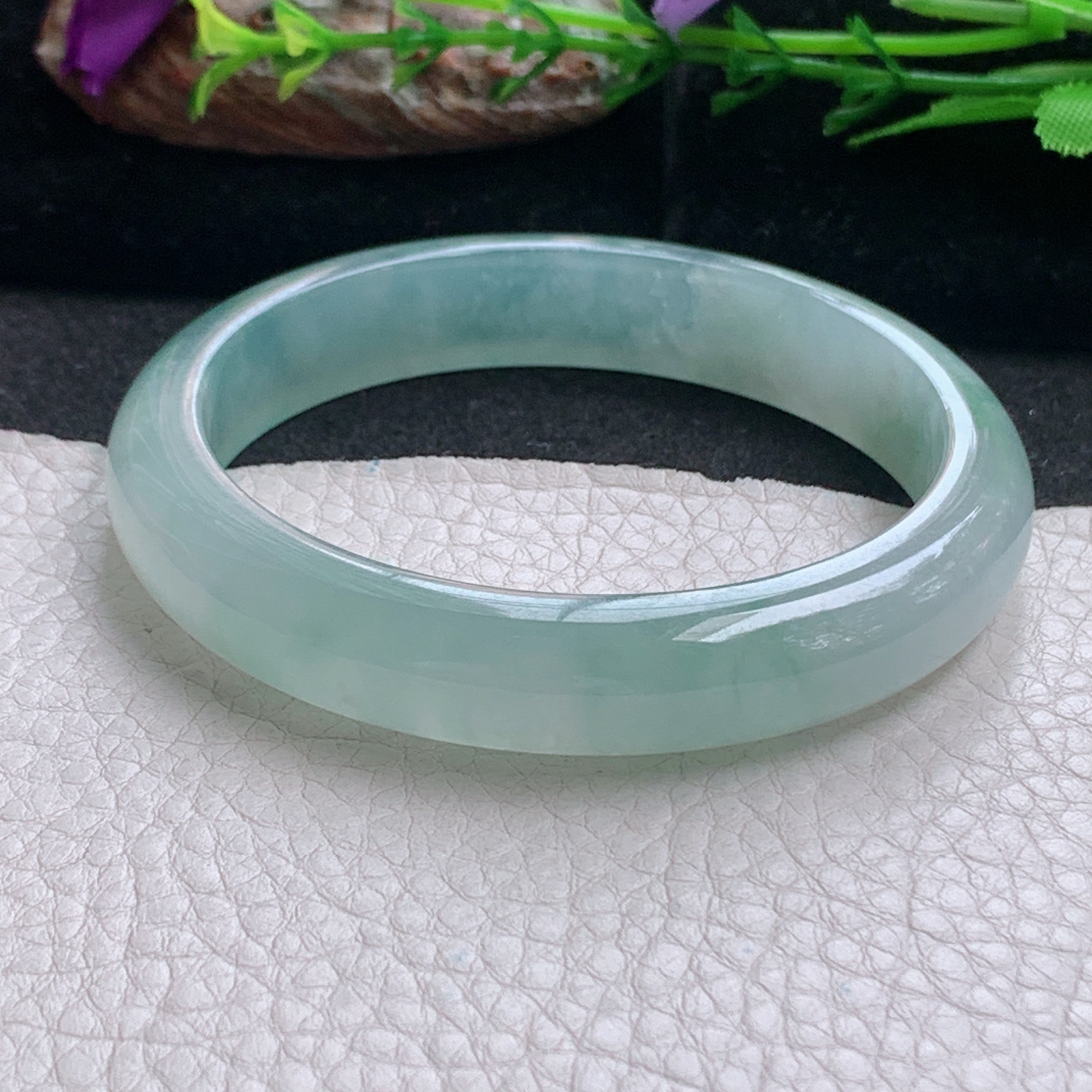 js实拍58.8*11.8*8平安镯 天然缅甸翡翠a货手镯冰纯晴绿正圈玉镯子