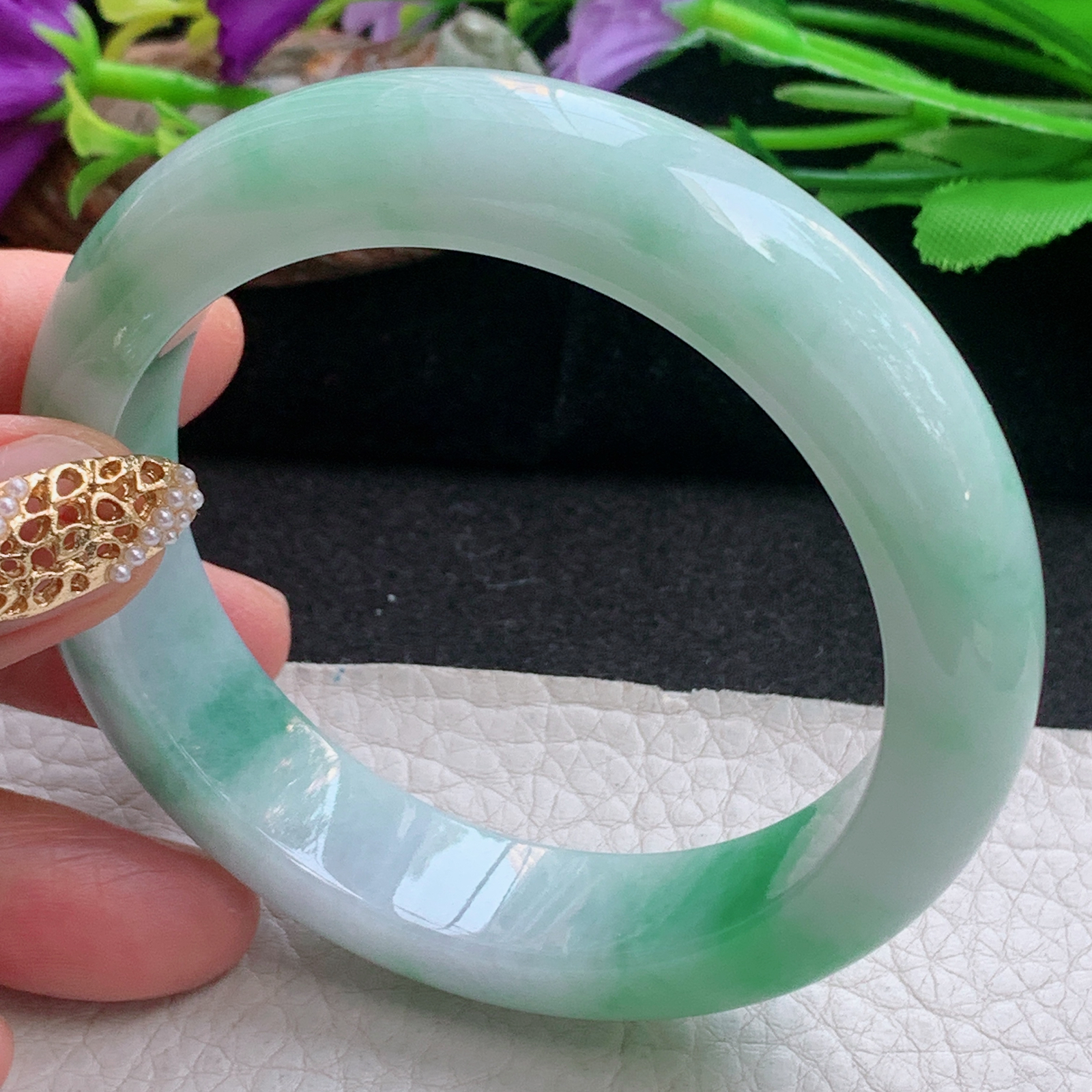 xc实拍57.5*14.2*9.5平安镯 天然缅甸翡翠a货手镯飘绿厚装正圈玉镯子